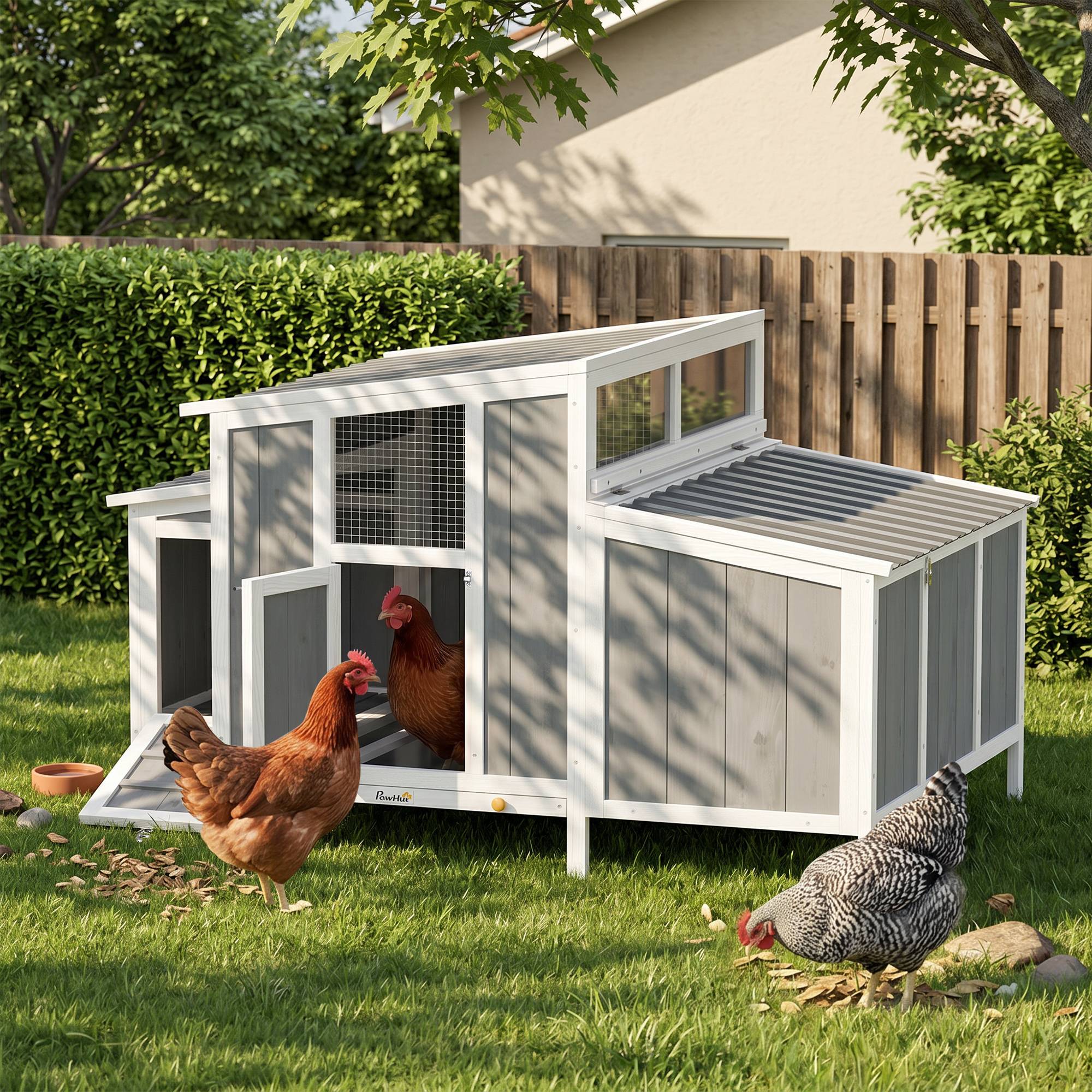 Poulailler en bois avec porte verrouillable, pondoir et toit imperméable en PET pour 3 à 4 poules, 145 x 90 x 92 cm, gris - Image 4