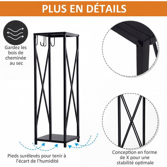 Range-bûches colonne cheminée métal salon 4 accessoires gain de place 111cm noir - ComfortXL Outdoor Living - Image 8