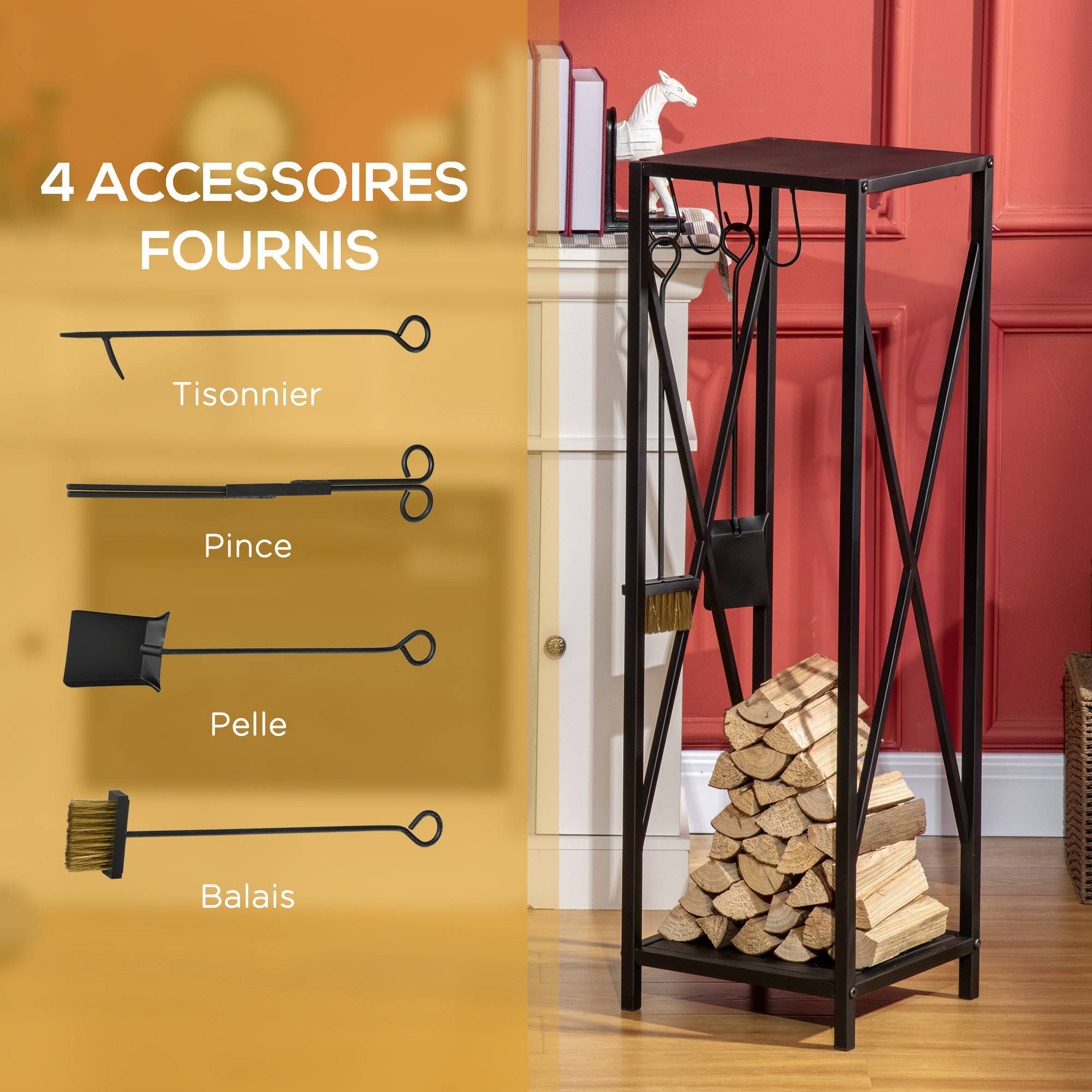 Range-bûches colonne cheminée métal salon 4 accessoires gain de place 111cm noir - ComfortXL Outdoor Living - Image 6