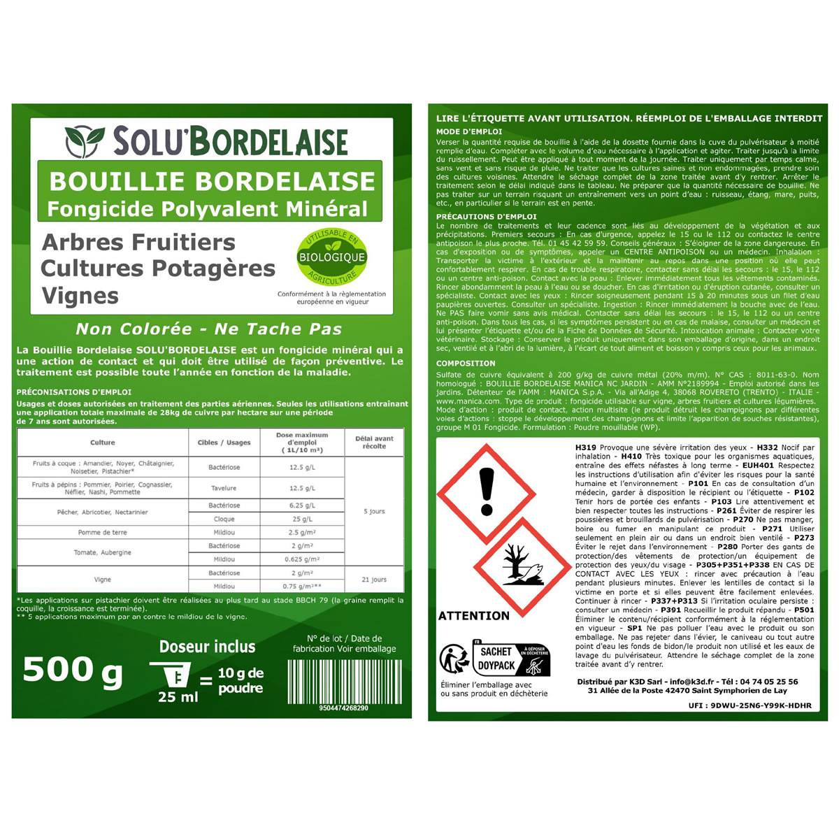 Solu'Bordelaise - Cloque du Pêcher - 500 g de Bouillie Bordelaise Non Colorée - Polyvalent - Sulfate de Cuivre 200 g/kg - Doseur Inclus - Image 4