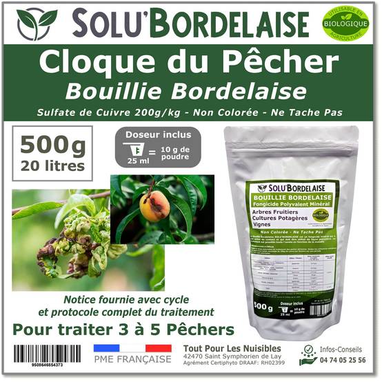 Solu'Bordelaise - Cloque du Pêcher - 500 g de Bouillie Bordelaise Non Colorée - Polyvalent - Sulfate de Cuivre 200 g/kg - Doseur Inclus - Image 1