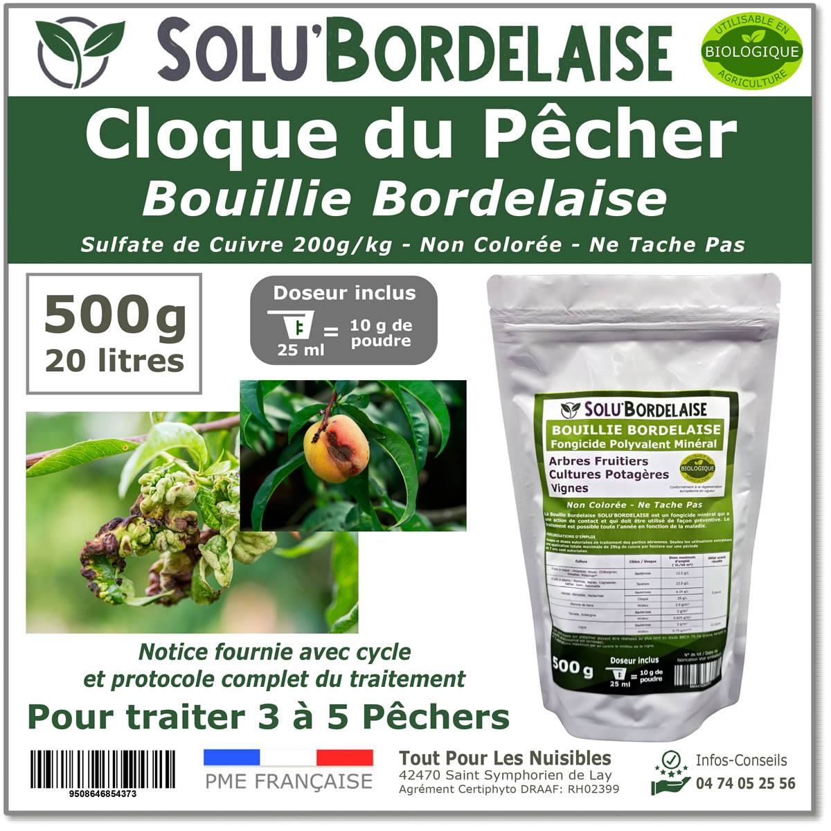 Solu'Bordelaise - Cloque du Pêcher - 500 g de Bouillie Bordelaise Non Colorée - Polyvalent - Sulfate de Cuivre 200 g/kg - Doseur Inclus