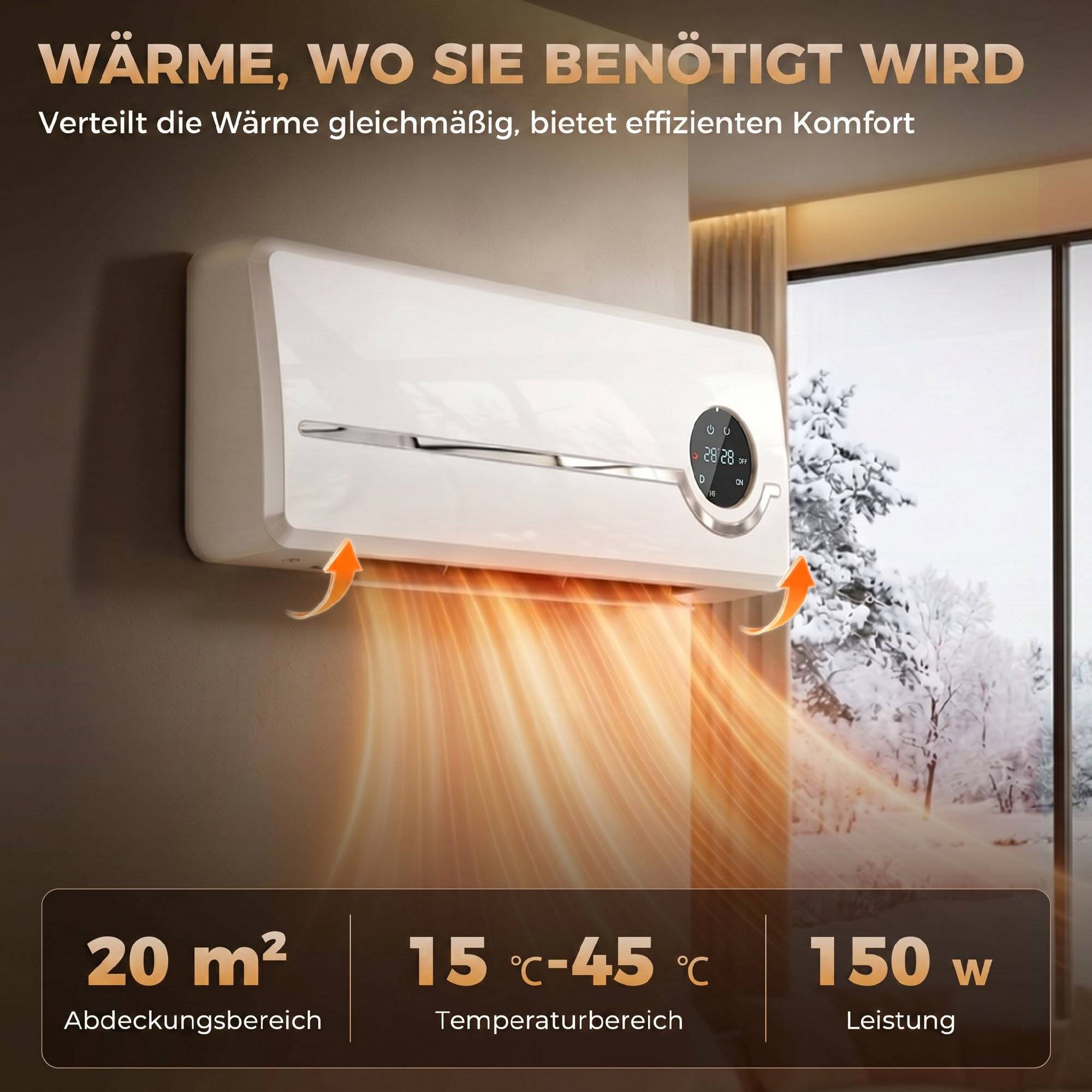 Radiateur soufflant mural, radiateur céramique mural de 2000 W avec ventilateur, télécommande, 2 modes de chauffage, affichage LED - Image 6
