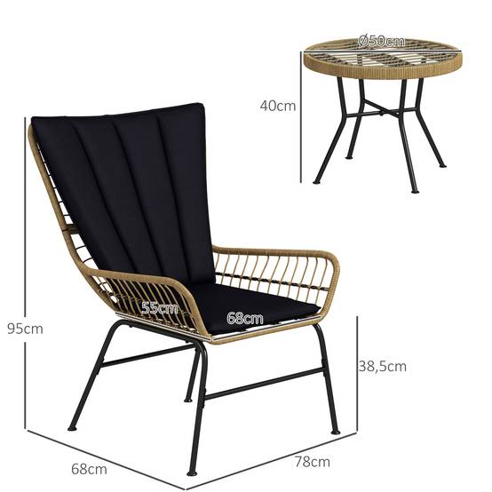 Ensemble bistro balcon : style bohème, résistant aux intempéries, 76x66x96 cm, noir - Image 3