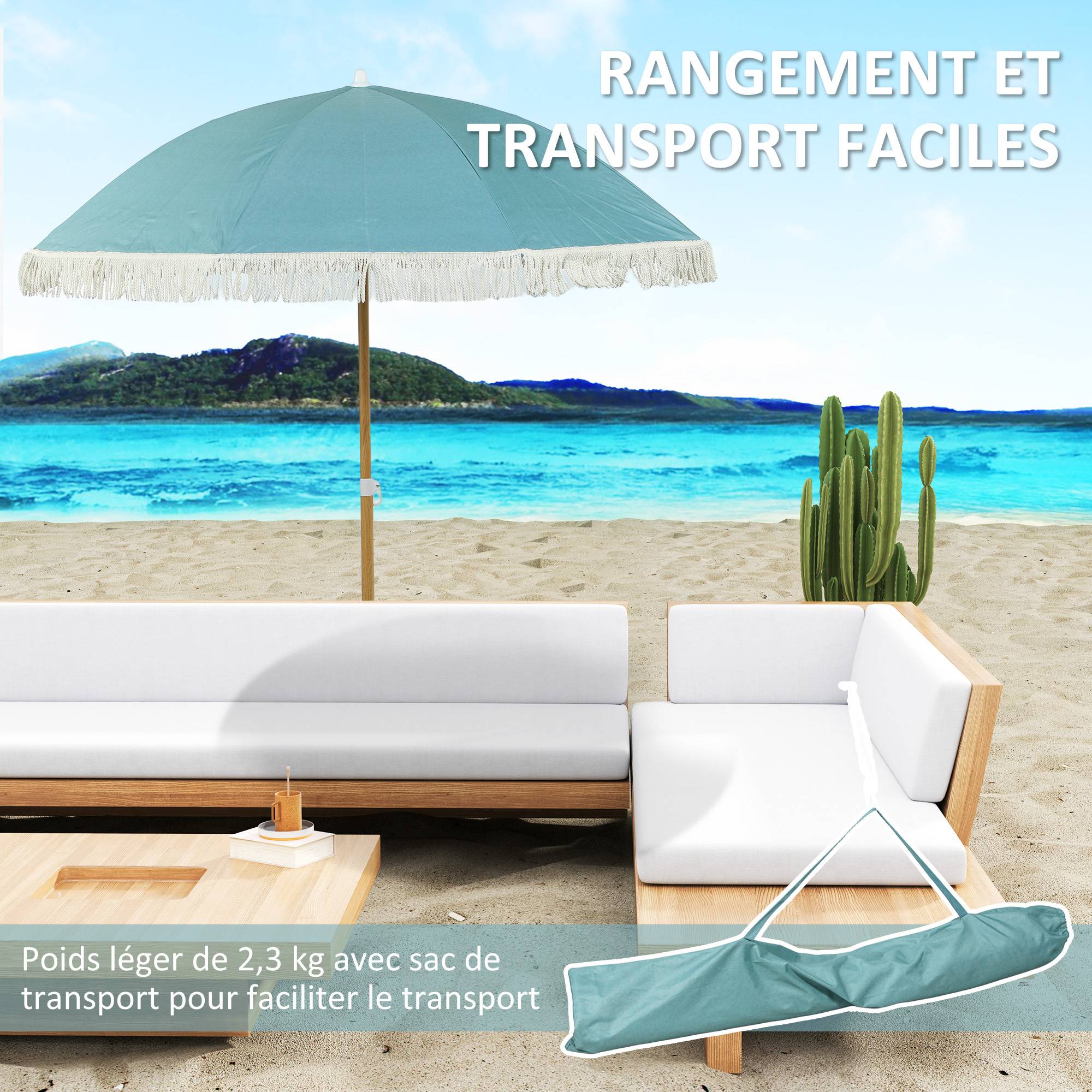 Outtec Parasol Réglable Hauteur 200cm - Parasol Plage Jardin Portable Léger - Protection Solaire