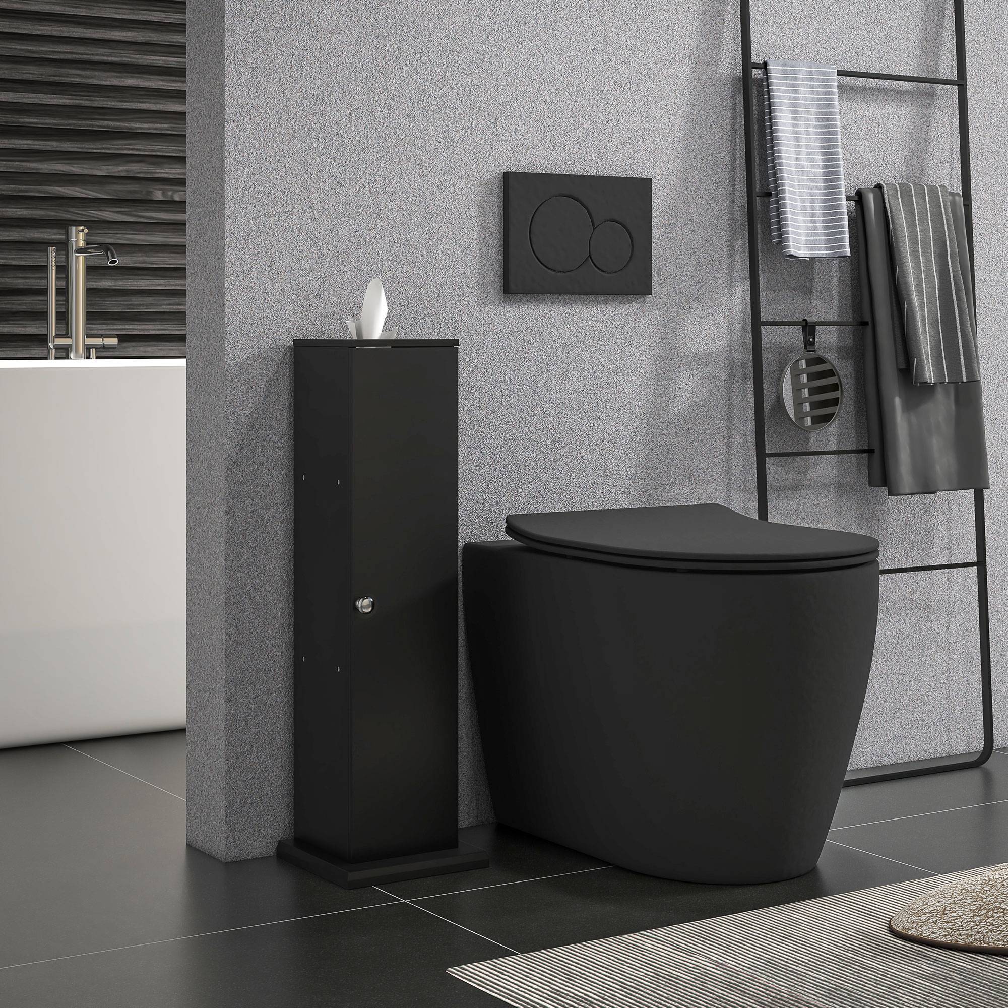 Porte papier toilette 3 niveaux avec distributeur intégré, meuble WC rangement compact salle de bain moderne noir - Image 3