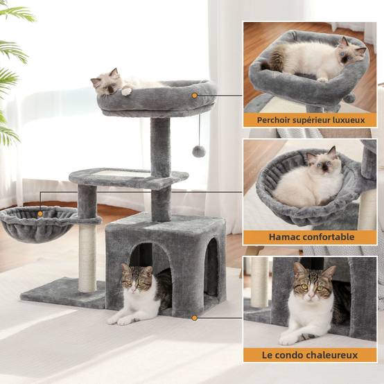 Arbre à Chat pour Chaton Hamac & Niche 80 cm Gris PAWZ Road - Image 4