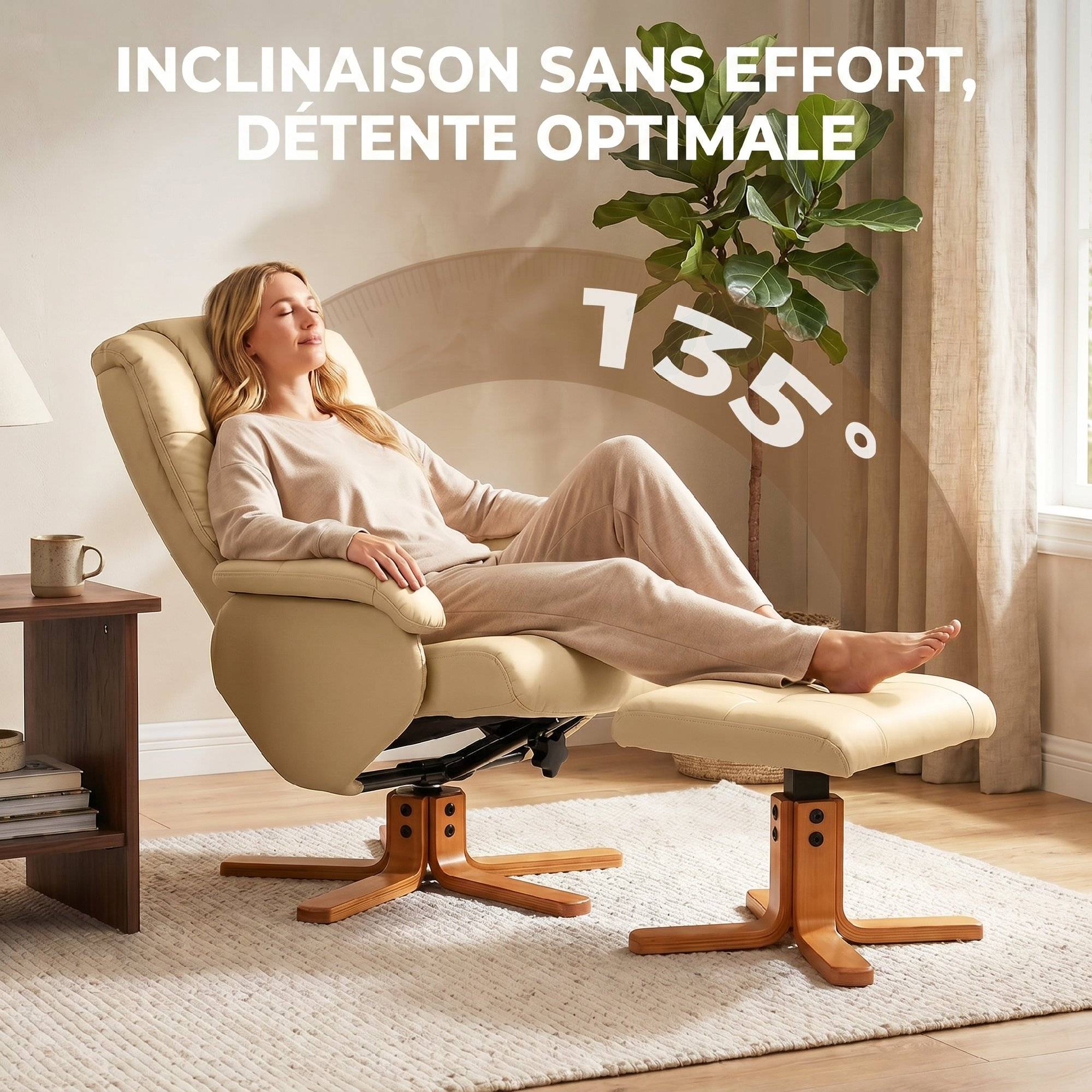 Fauteuil relax avec repose-pied fauteuil de relaxation pivotant 360° dossier inclinable charge 120 Kg beige - Image 6