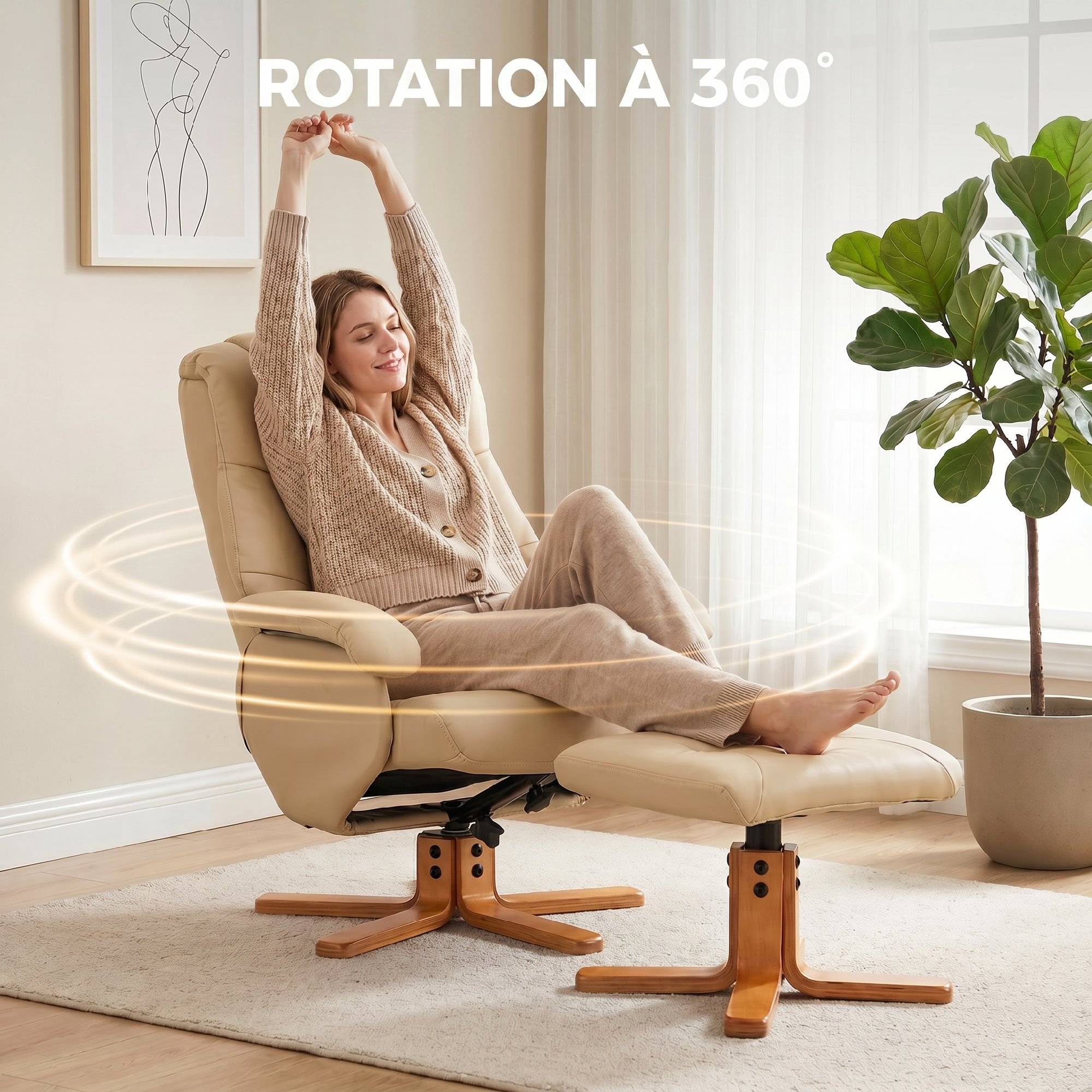 Fauteuil relax avec repose-pied fauteuil de relaxation pivotant 360° dossier inclinable charge 120 Kg beige - Image 8