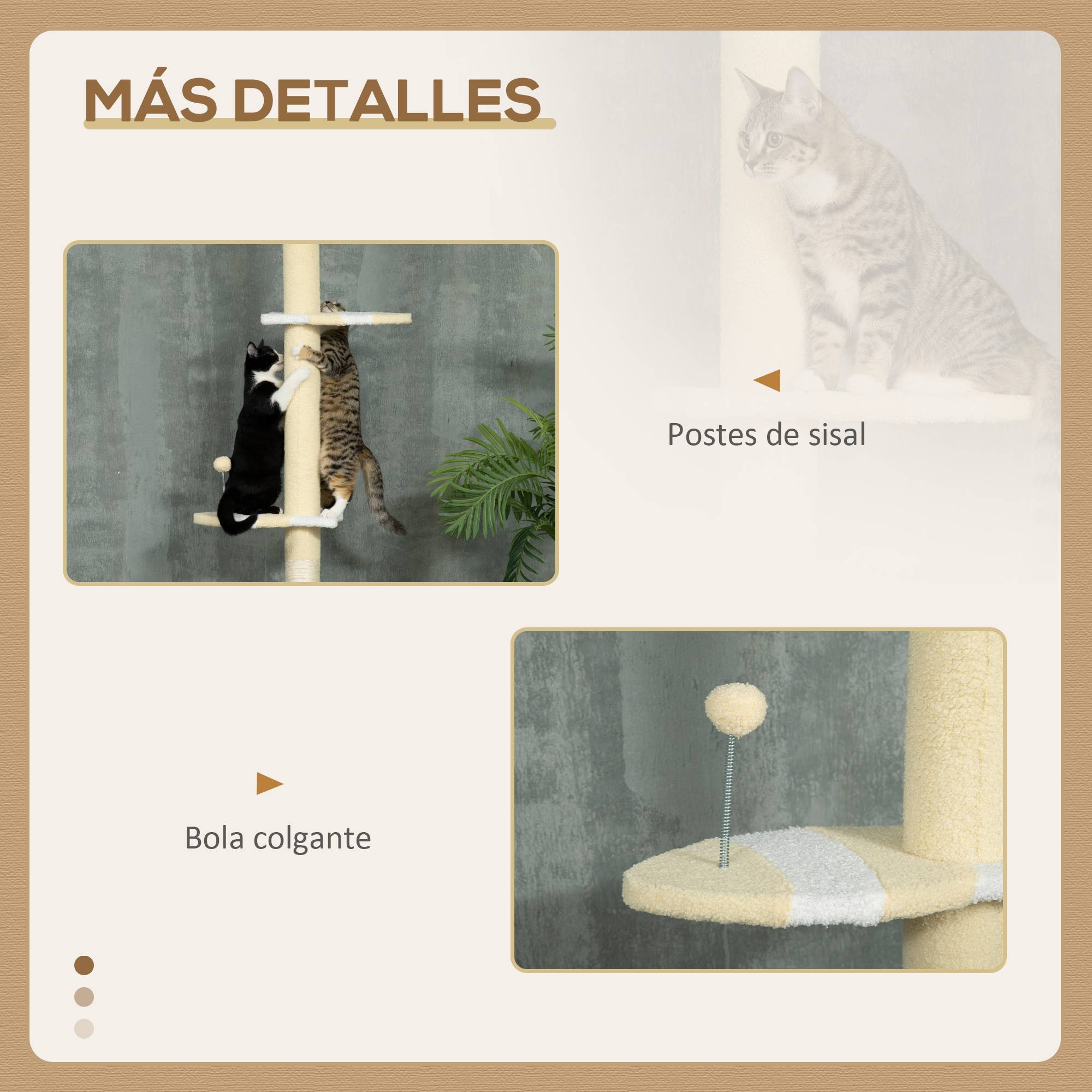 Arbre à chat du sol au plafond, hauteur réglable, poteau en sisal et balle de jeu, 47 x 34 x 220-260 cm, crème - Image 8