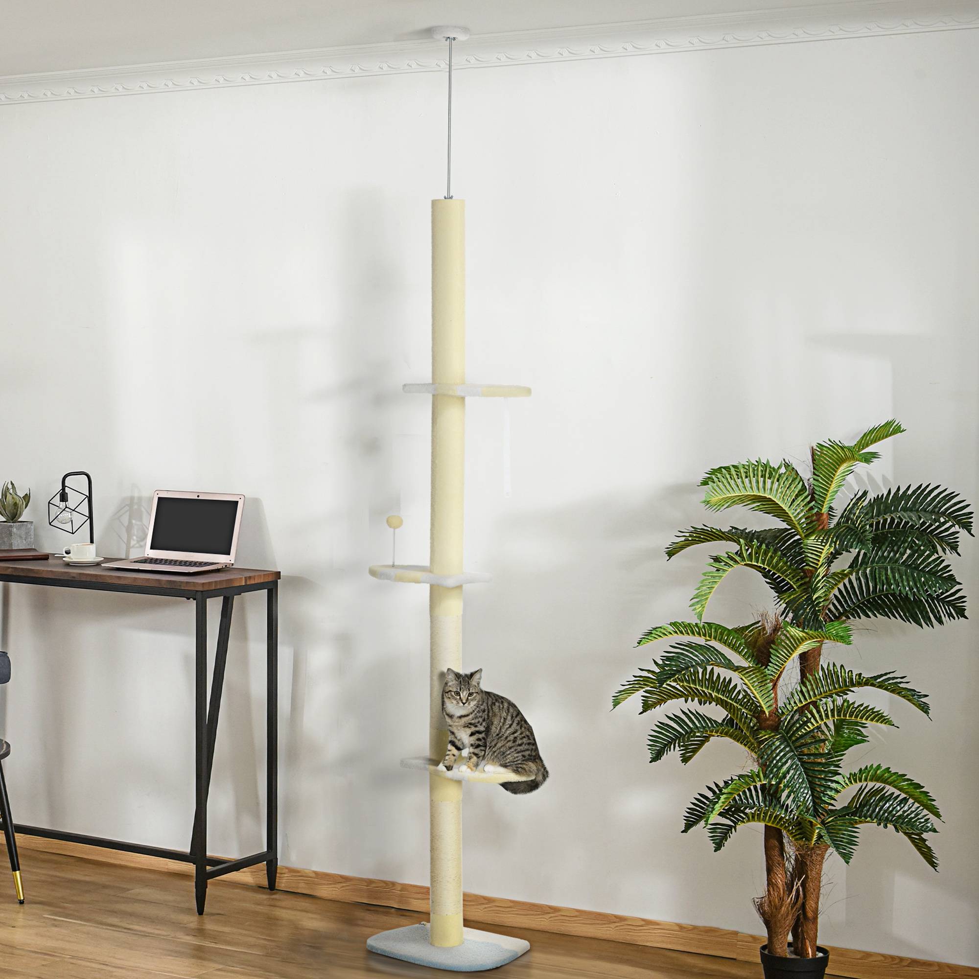 Arbre à chat du sol au plafond, hauteur réglable, poteau en sisal et balle de jeu, 47 x 34 x 220-260 cm, crème - Image 4