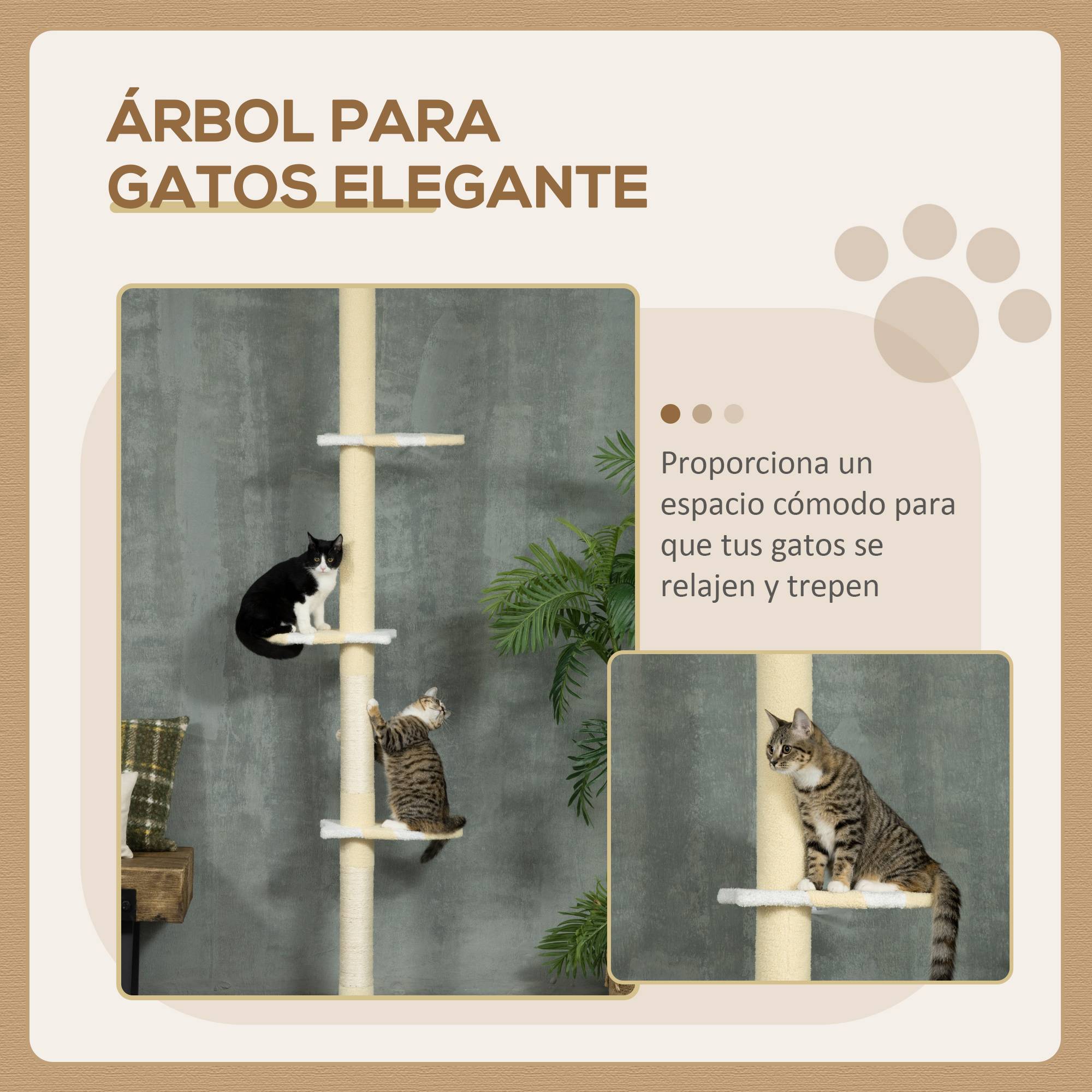 Arbre à chat du sol au plafond, hauteur réglable, poteau en sisal et balle de jeu, 47 x 34 x 220-260 cm, crème - Image 6