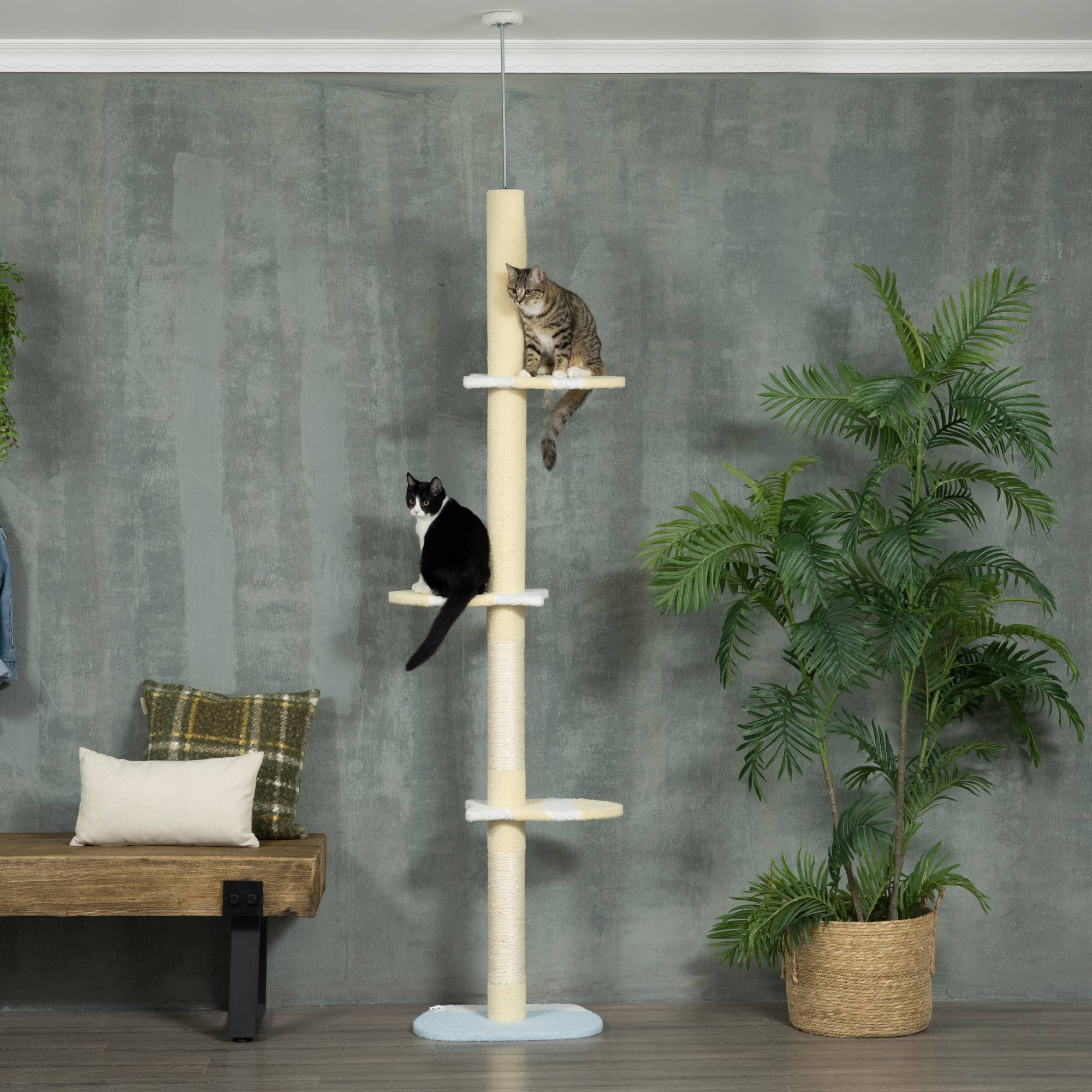 Arbre à chat du sol au plafond, hauteur réglable, poteau en sisal et balle de jeu, 47 x 34 x 220-260 cm, crème - Image 3