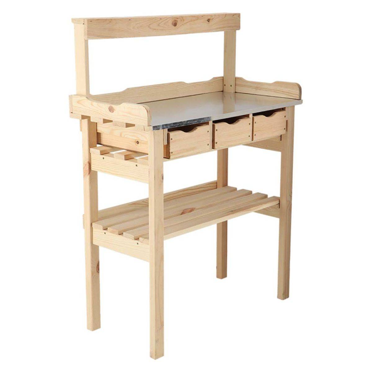 Esschert Design - Table à rempoter en pin avec plateau zinc 3 tiroirs + étagère supérieure Esschert's Garden