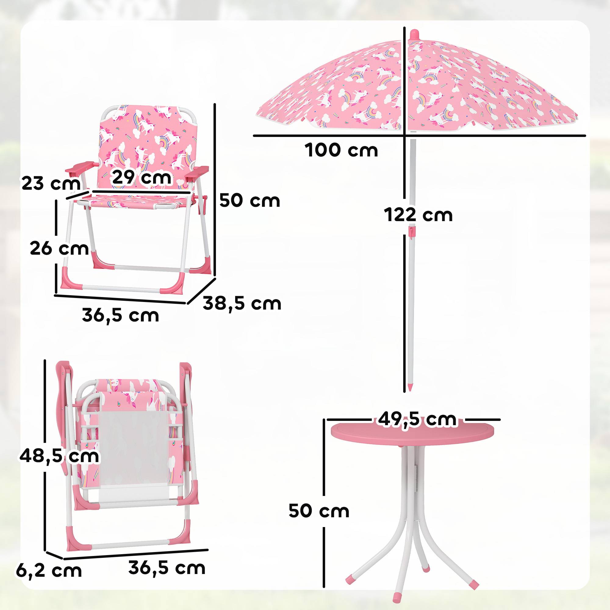 Ensemble table et chaises de jardin pour enfants 4 pièces, chaises pliantes, parasol amovible, motif licorne rose - Image 5