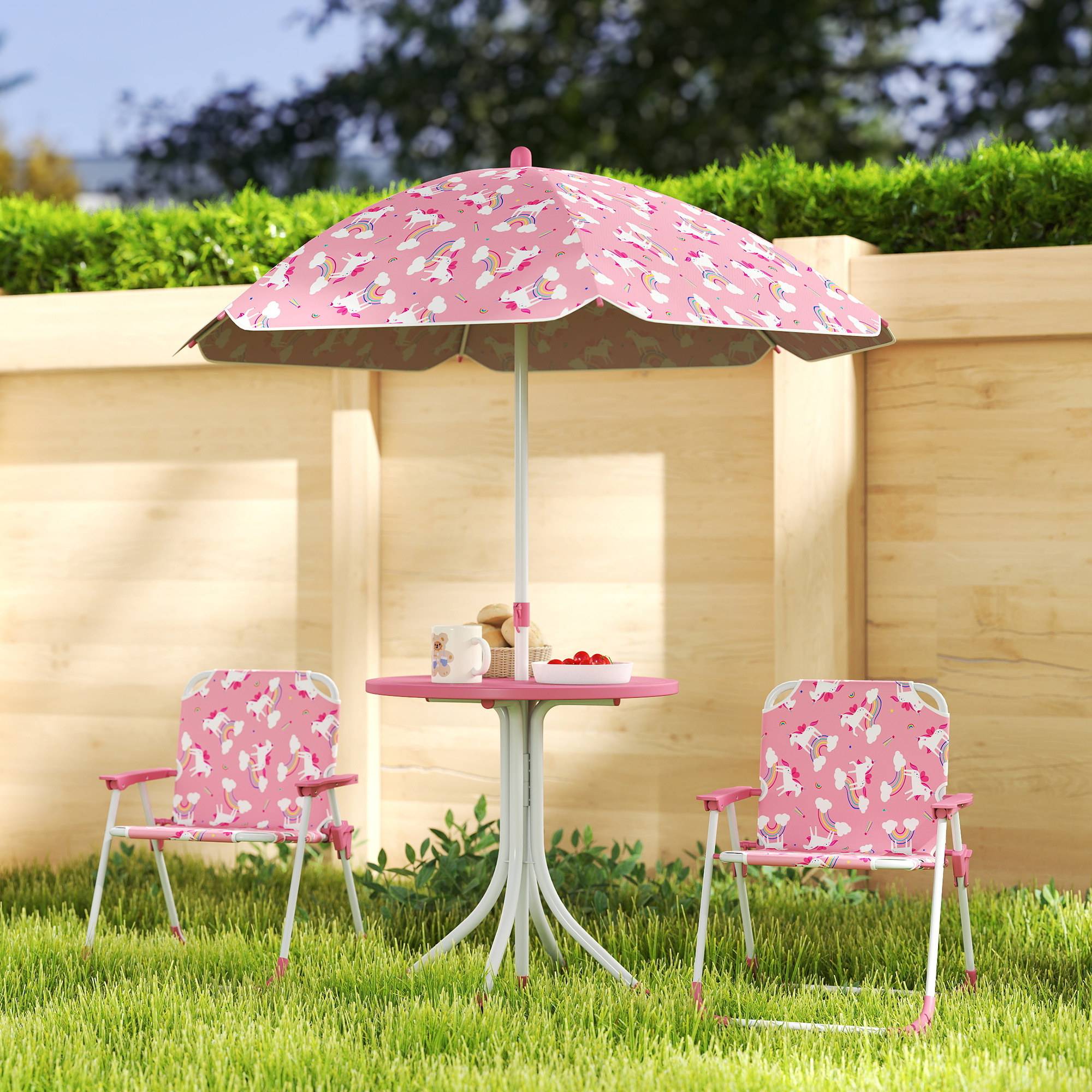 Ensemble table et chaises de jardin pour enfants 4 pièces, chaises pliantes, parasol amovible, motif licorne rose - Image 4
