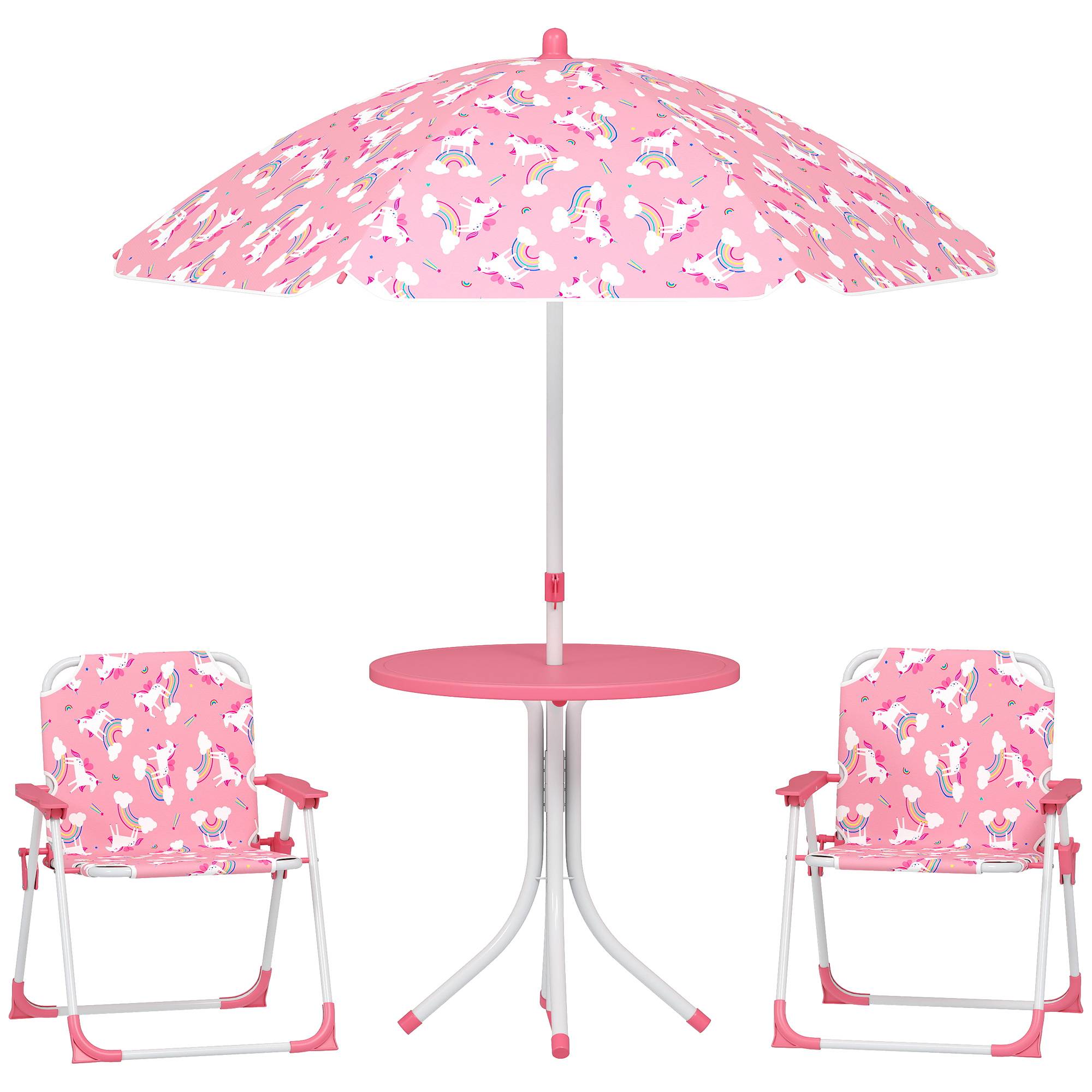 Ensemble table et chaises de jardin pour enfants 4 pièces, chaises pliantes, parasol amovible, motif licorne rose - Image 1