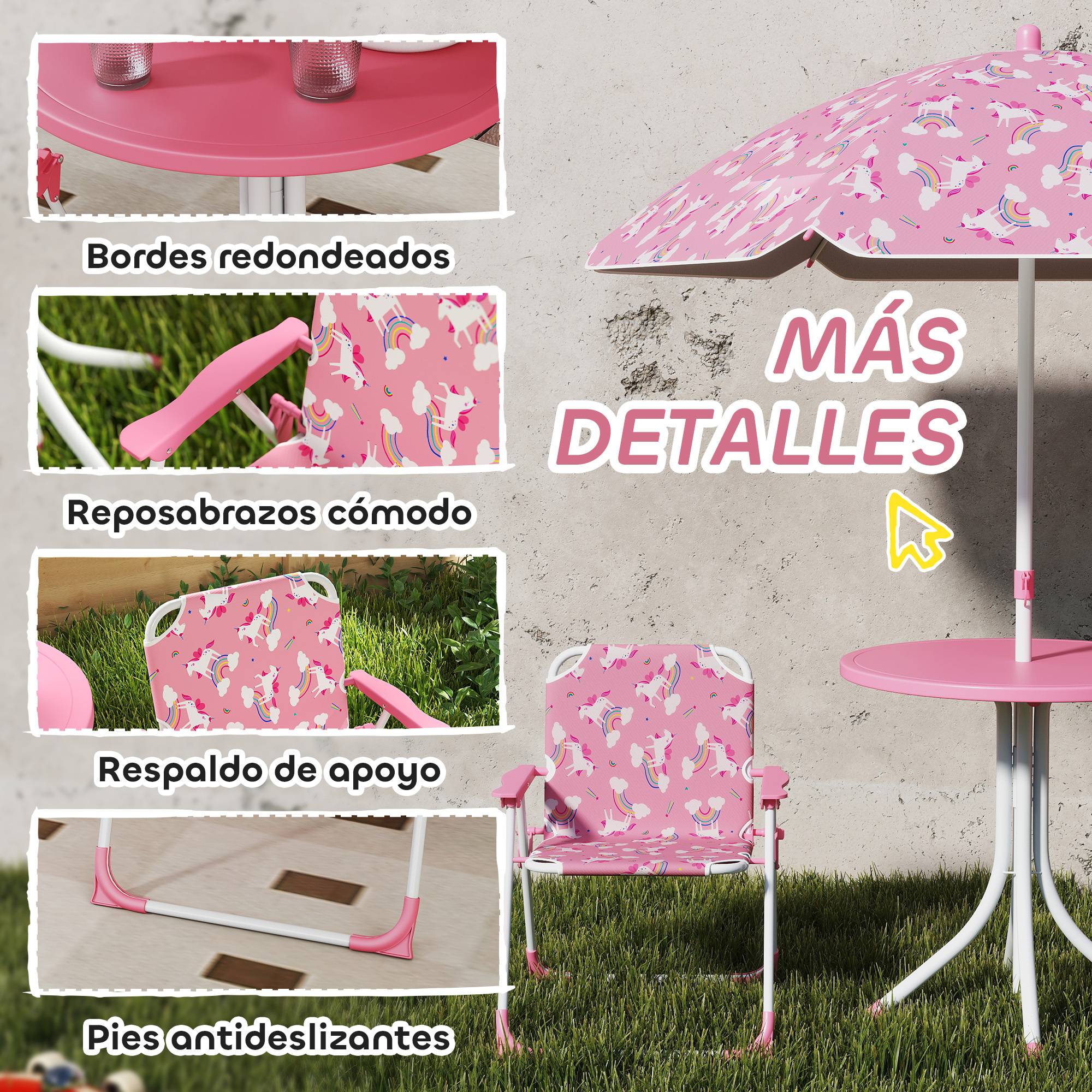Ensemble table et chaises de jardin pour enfants 4 pièces, chaises pliantes, parasol amovible, motif licorne rose - Image 8