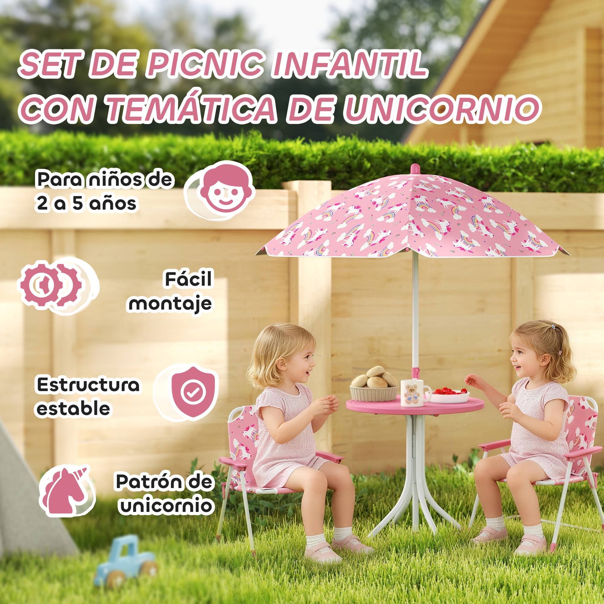 Ensemble table et chaises de jardin pour enfants 4 pièces, chaises pliantes, parasol amovible, motif licorne rose - Image 6