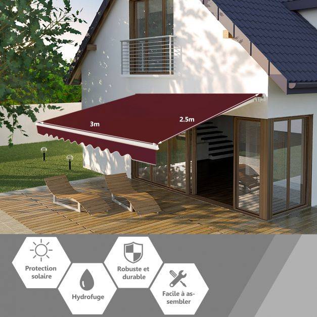 Helloshop26 - Store banne de balcon rétractable 3 x 2,5m tissu résistant aux uv et à l'eau angle réglable 5-35° vin rouge - Imagen 6