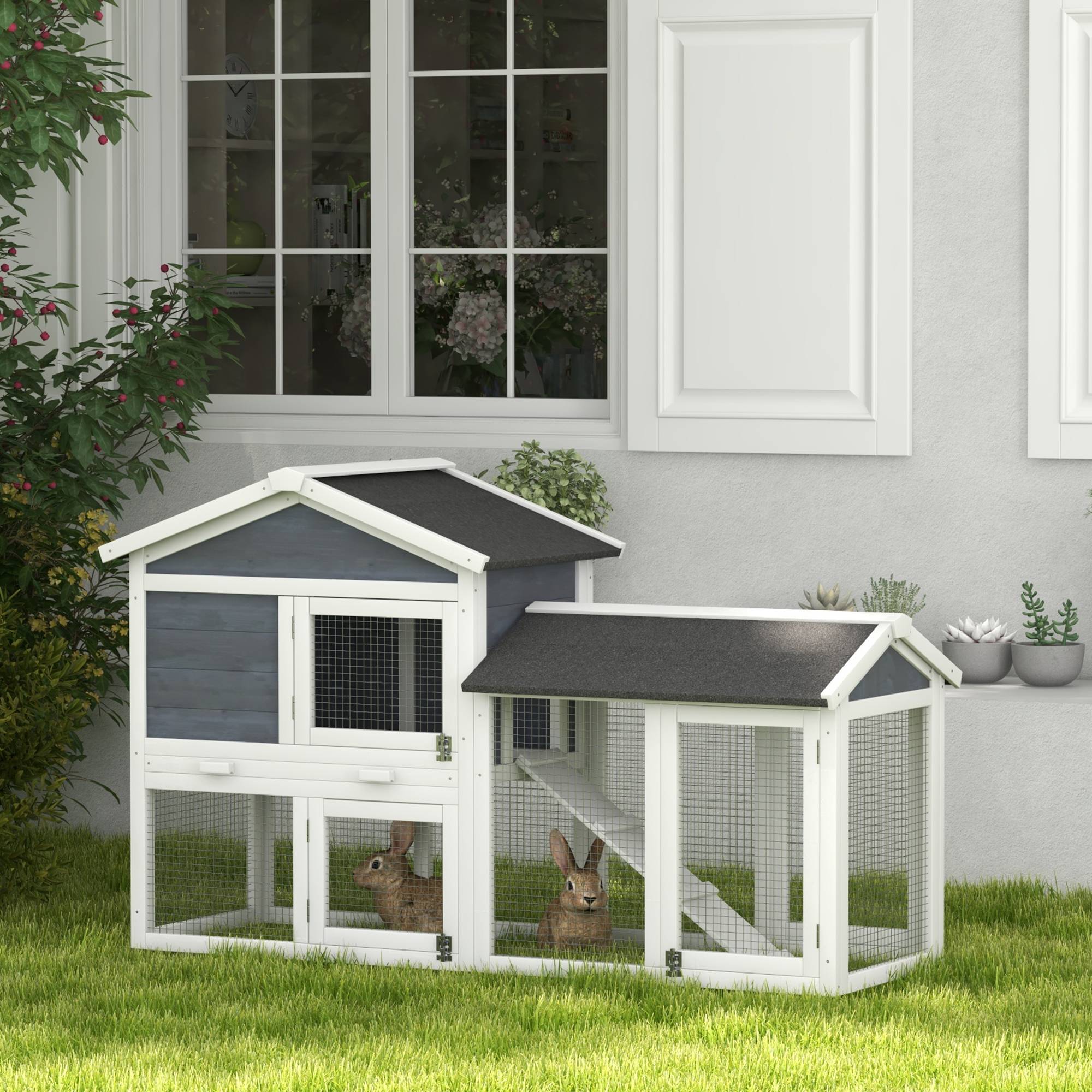 Cage petits animaux avec aire liberté, sapin, 147 x 54 x 84 cm, gris - Image 3
