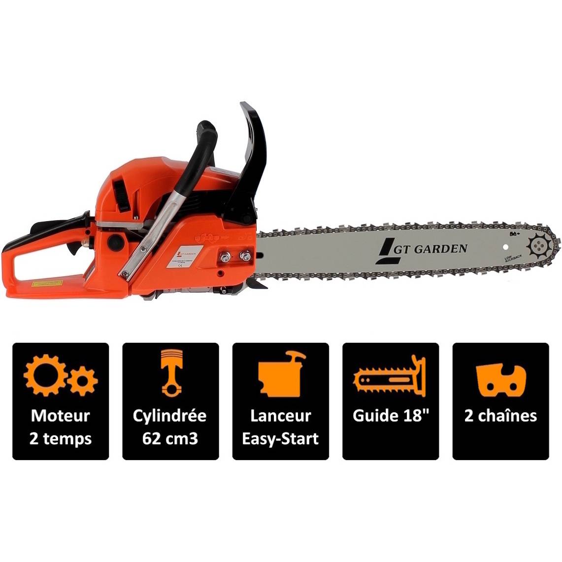 Gt Garden - Tronçonneuse thermique 62 cm3, 3.5 CV, guide 45 cm, 2 chaînes - GT GARDEN - Image 2