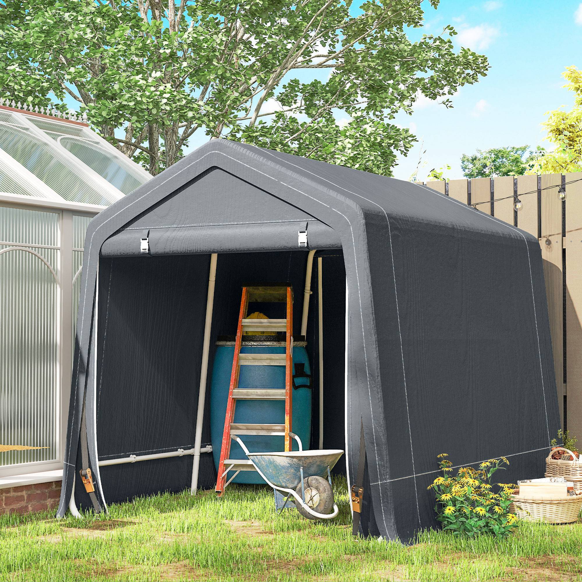 Abri vélo de jardin avec structure métallique, 2 portes zippées, imperméable, résistant aux UV, 2,4 x 2 x 2 m, gris foncé - Image 4