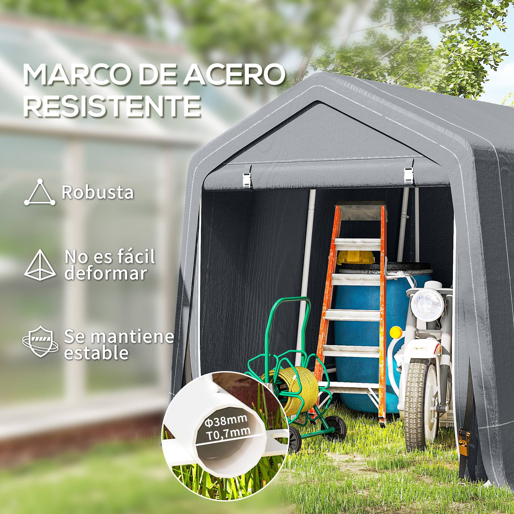 Abri vélo de jardin avec structure métallique, 2 portes zippées, imperméable, résistant aux UV, 2,4 x 2 x 2 m, gris foncé - Image 6