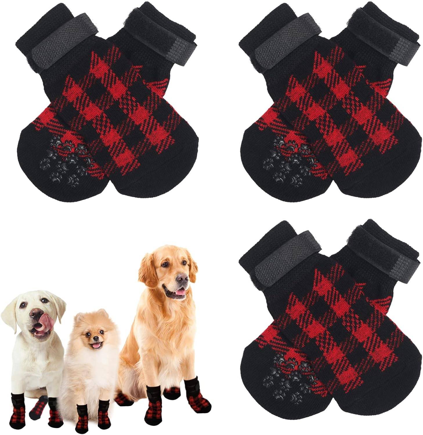 3 Paires Chaussettes Antidérapantes avec Sangle de Fixation Réglable Plaid Rouge L