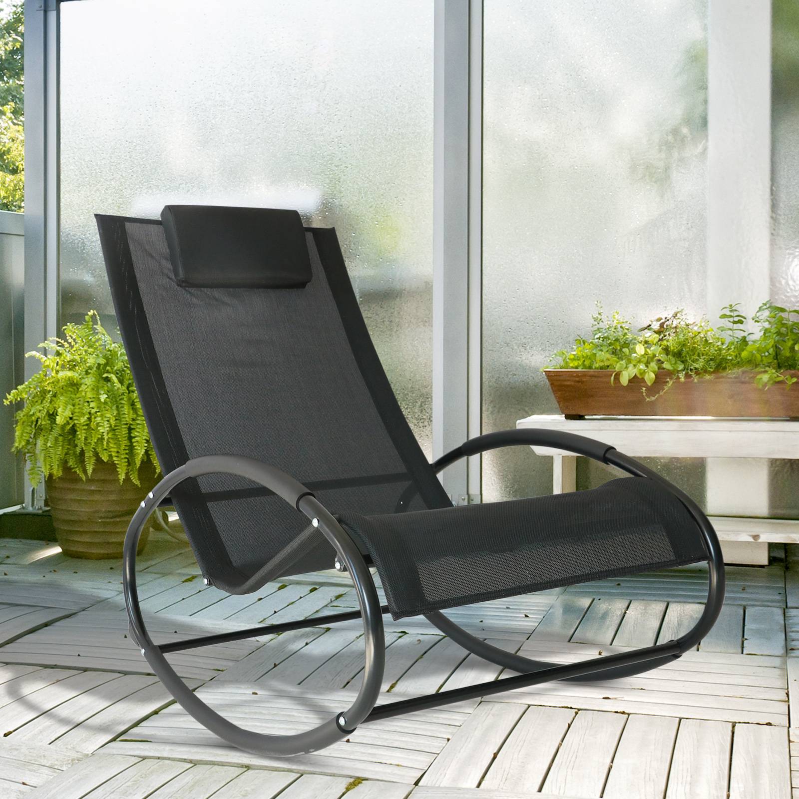 Fauteuil à Bascule Acier Textilène Extérieur Tétière Intégrée Résistant Noir Gris 105x62cm - ComfortXL Outdoor Living - Image 3