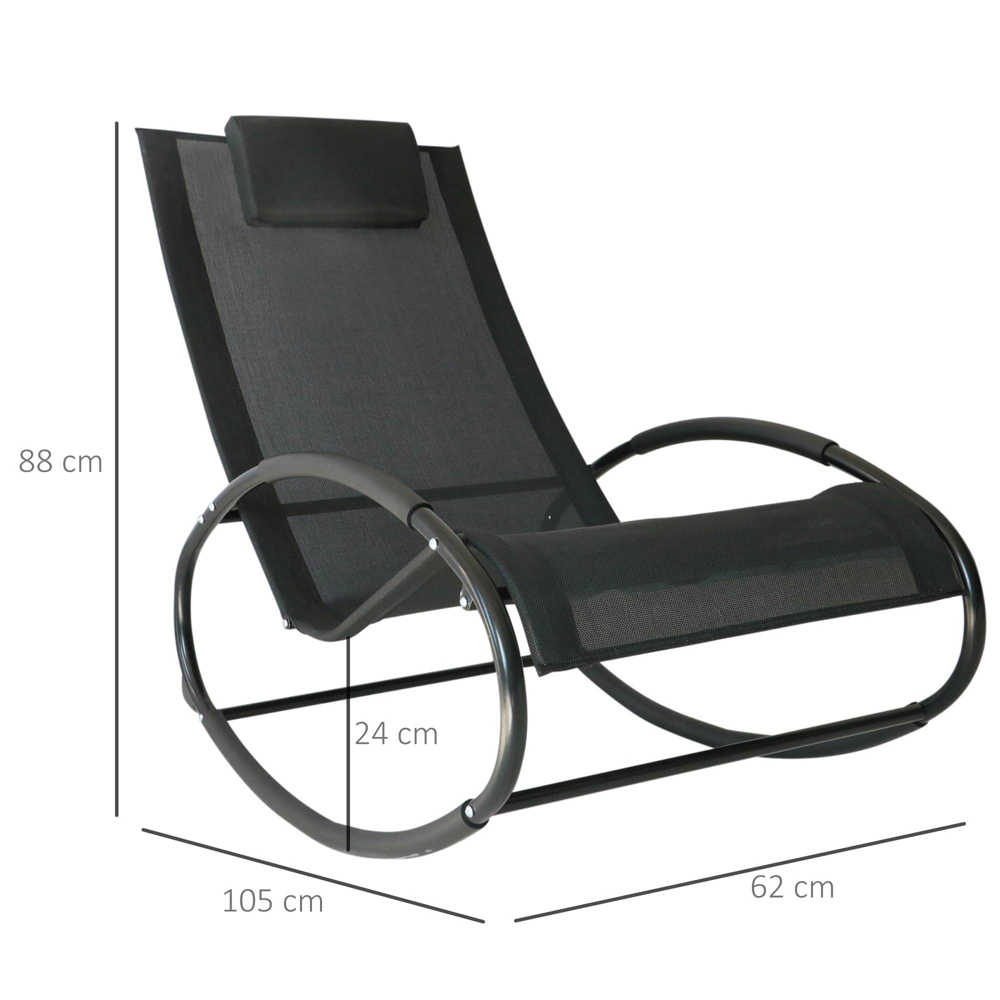 Fauteuil à Bascule Acier Textilène Extérieur Tétière Intégrée Résistant Noir Gris 105x62cm - ComfortXL Outdoor Living - Image 5
