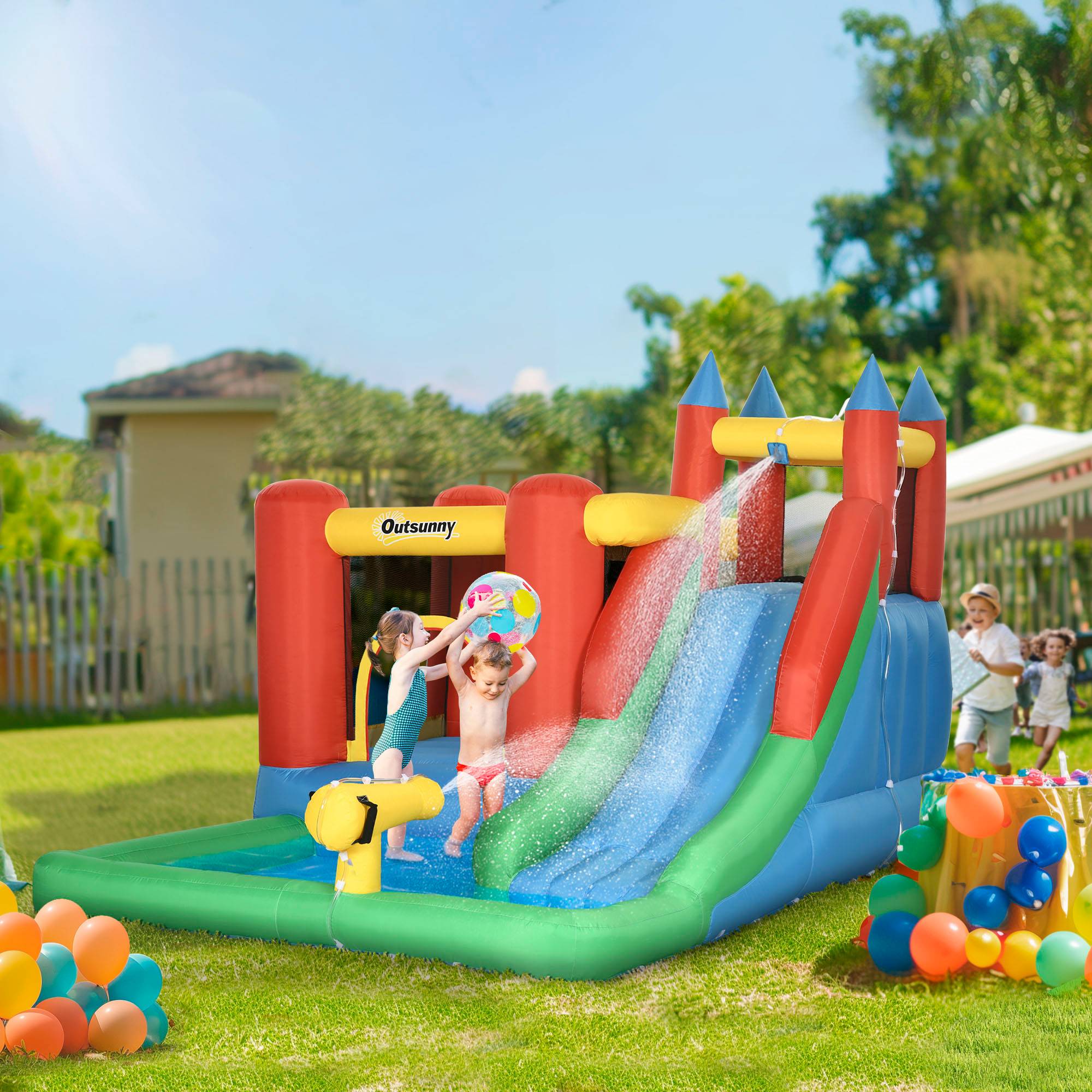 Château gonflable multicolore toboggan trampoline piscine sac de transport 330 × 245 × 215 cm dès 3 ans - Image 3