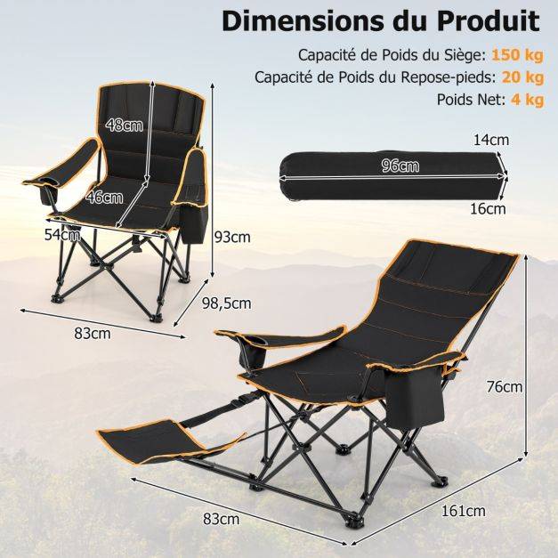 Helloshop26 - Chaise de camping pliante portable chaise de pêche inclinable 2-en-1 avec repose-pieds amovible dossier réglable sur 2 positions noir - Imagen 4