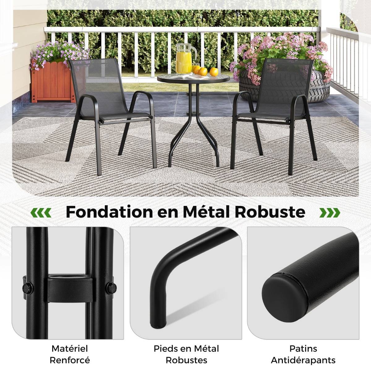 Ensemble de Jardin 3 Pièces 2 Fauteuils Ergonomiques avec Table Basse en Verre Trempé pour Jardin Balcon Terrasse Cour - Image 5