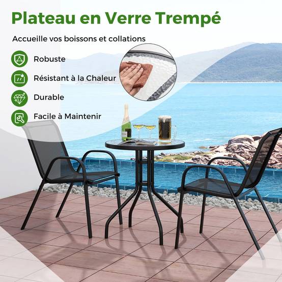 Ensemble de Jardin 3 Pièces 2 Fauteuils Ergonomiques avec Table Basse en Verre Trempé pour Jardin Balcon Terrasse Cour - Image 7