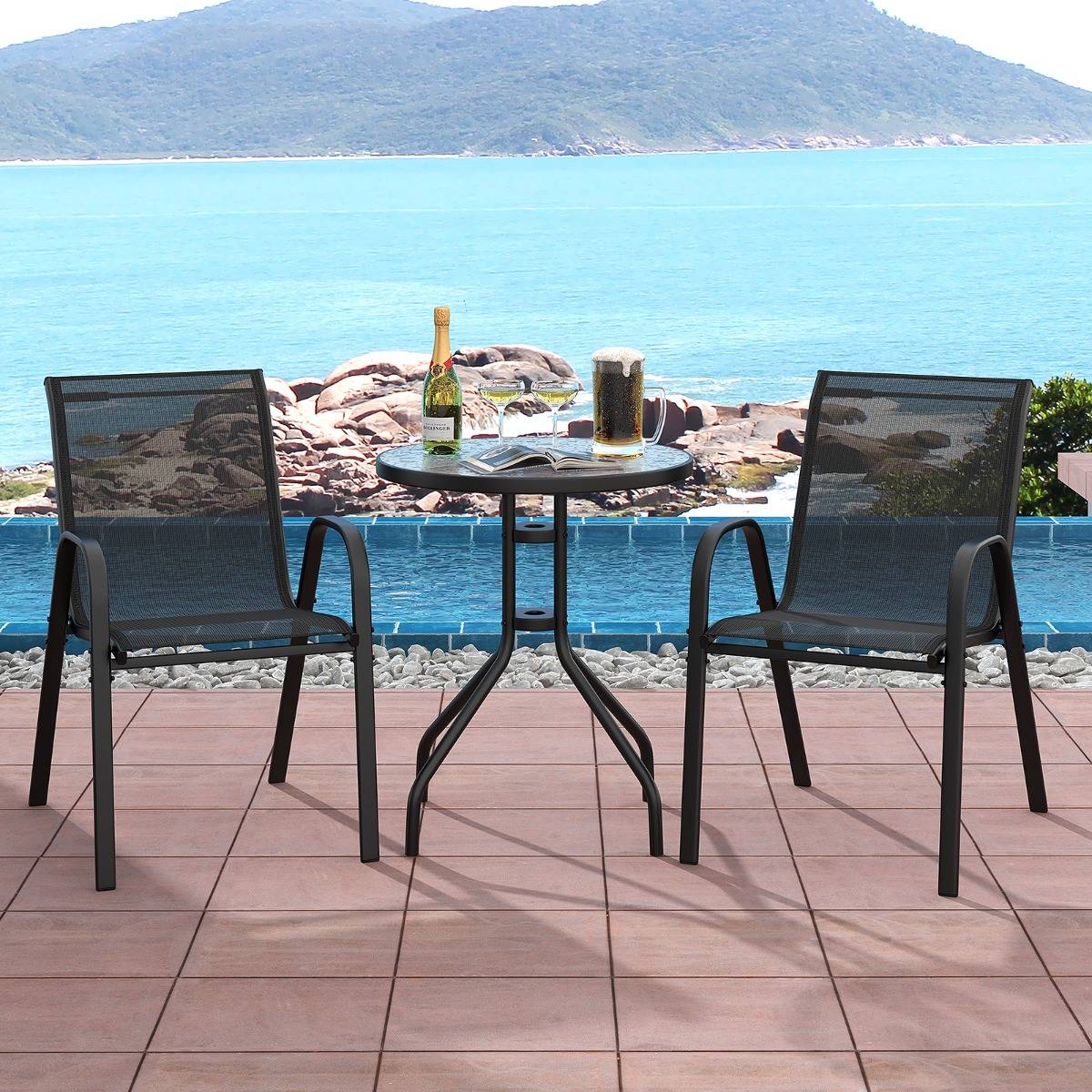 Ensemble de Jardin 3 Pièces 2 Fauteuils Ergonomiques avec Table Basse en Verre Trempé pour Jardin Balcon Terrasse Cour - Image 2