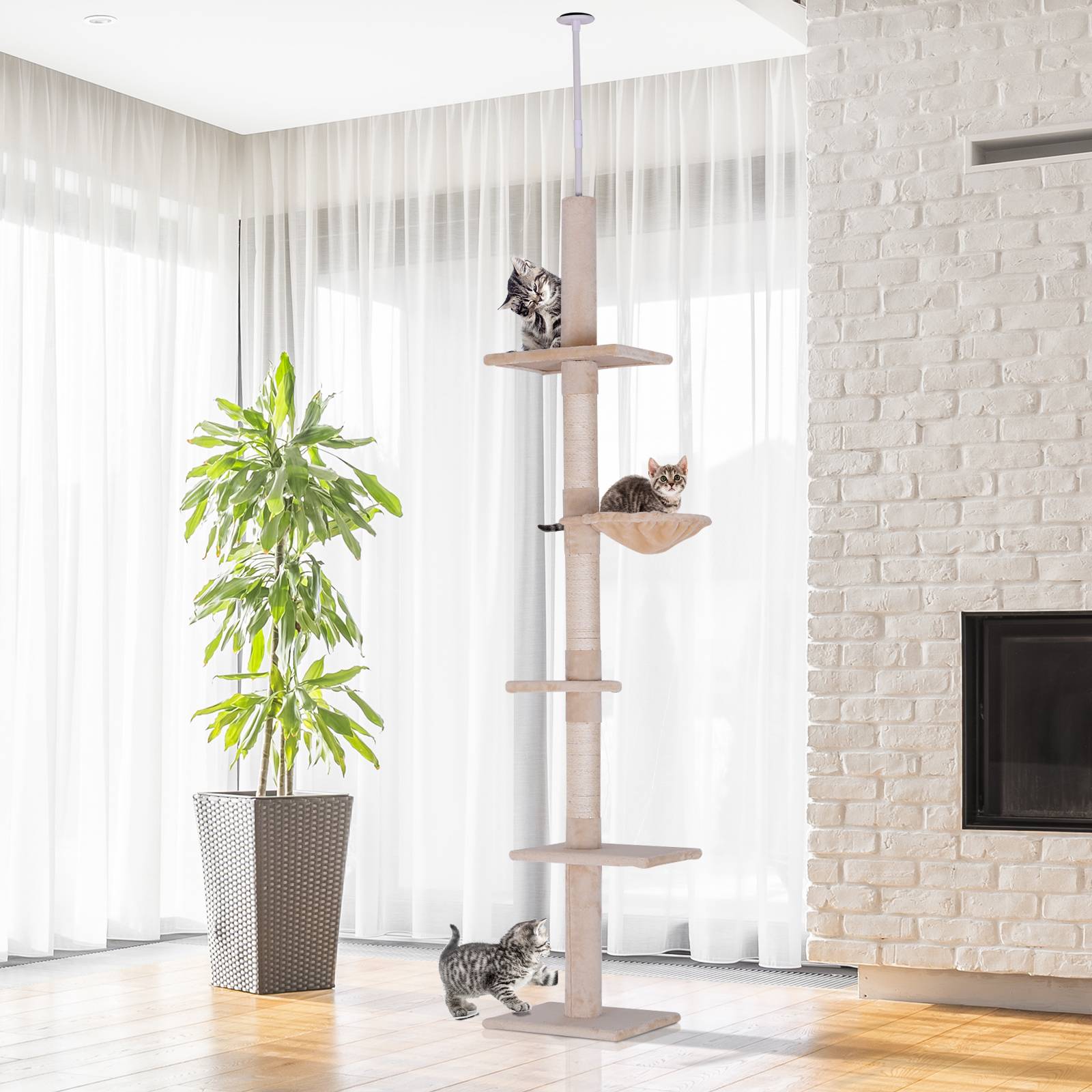 Pawhut - Arbre à chat poteau à griffer L40 x l 34 x H 230-260 cm 5 niveaux d'activités beige - Imagen 2