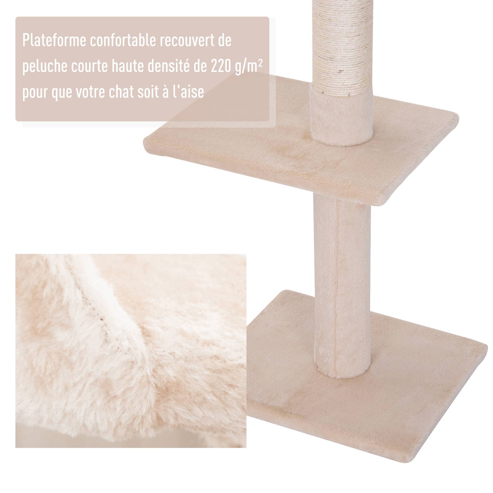 Pawhut - Arbre à chat poteau à griffer L40 x l 34 x H 230-260 cm 5 niveaux d'activités beige - Imagen 4