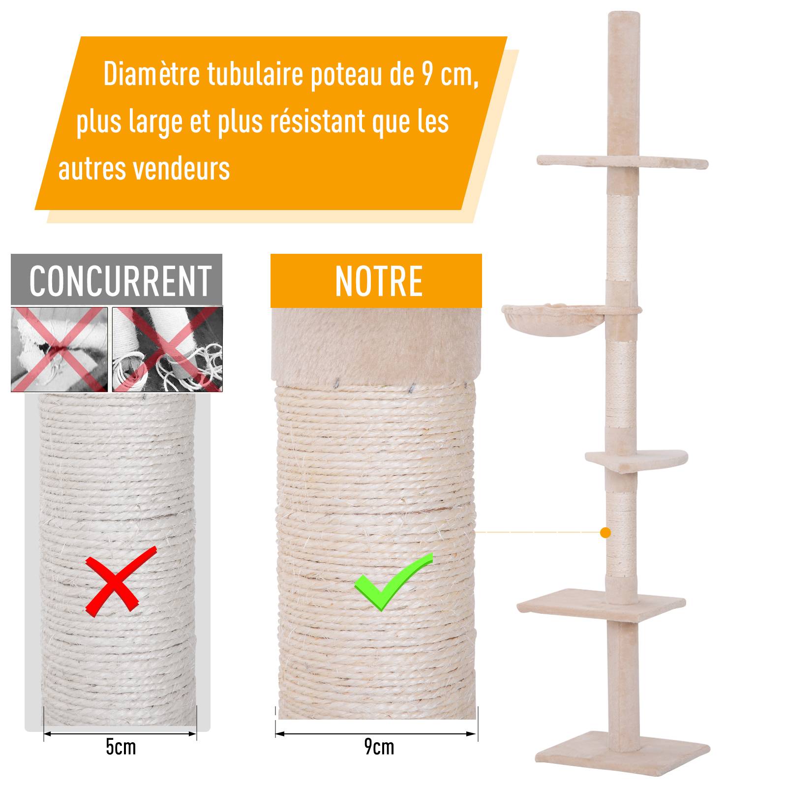 Pawhut - Arbre à chat poteau à griffer L40 x l 34 x H 230-260 cm 5 niveaux d'activités beige - Imagen 6