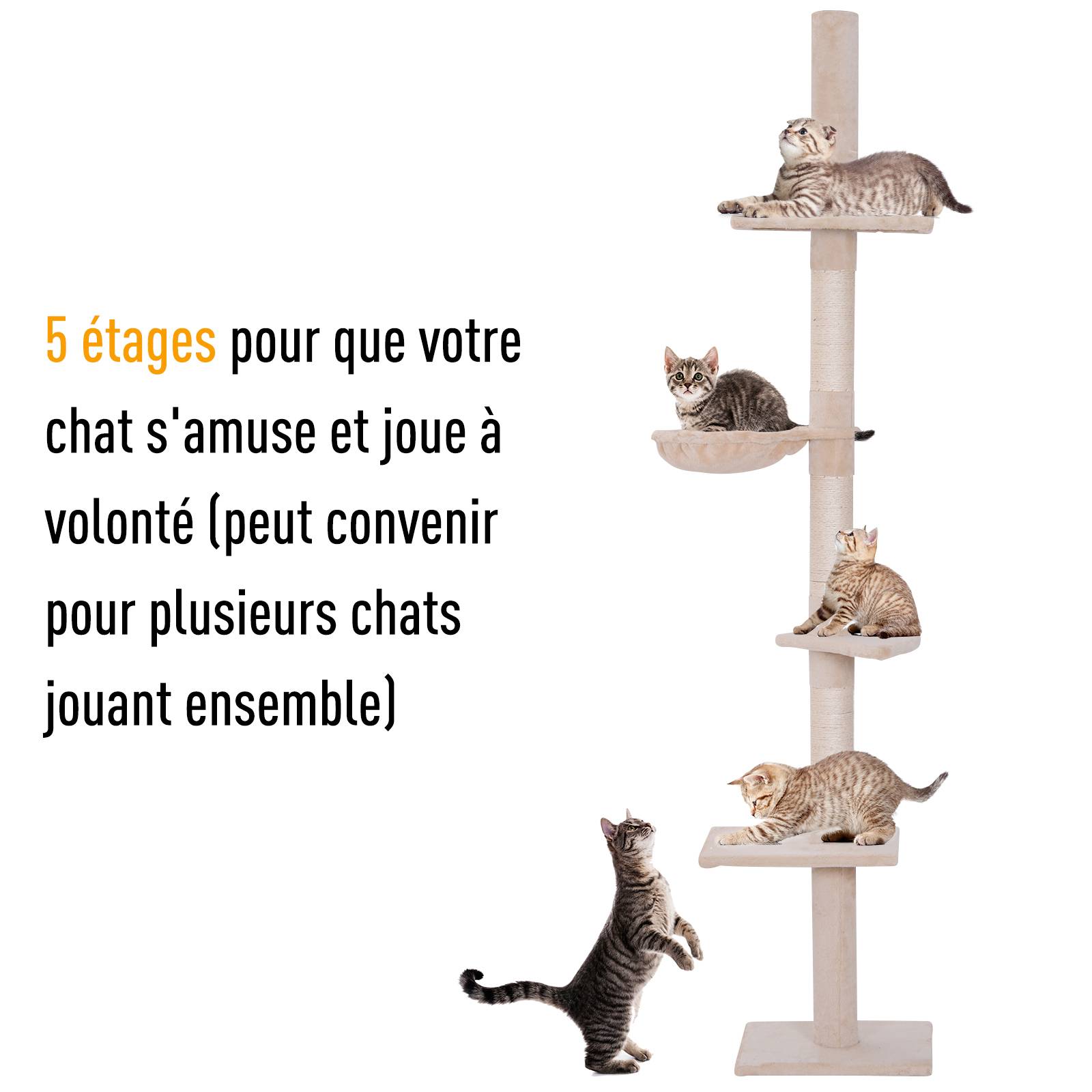 Pawhut - Arbre à chat poteau à griffer L40 x l 34 x H 230-260 cm 5 niveaux d'activités beige - Imagen 5