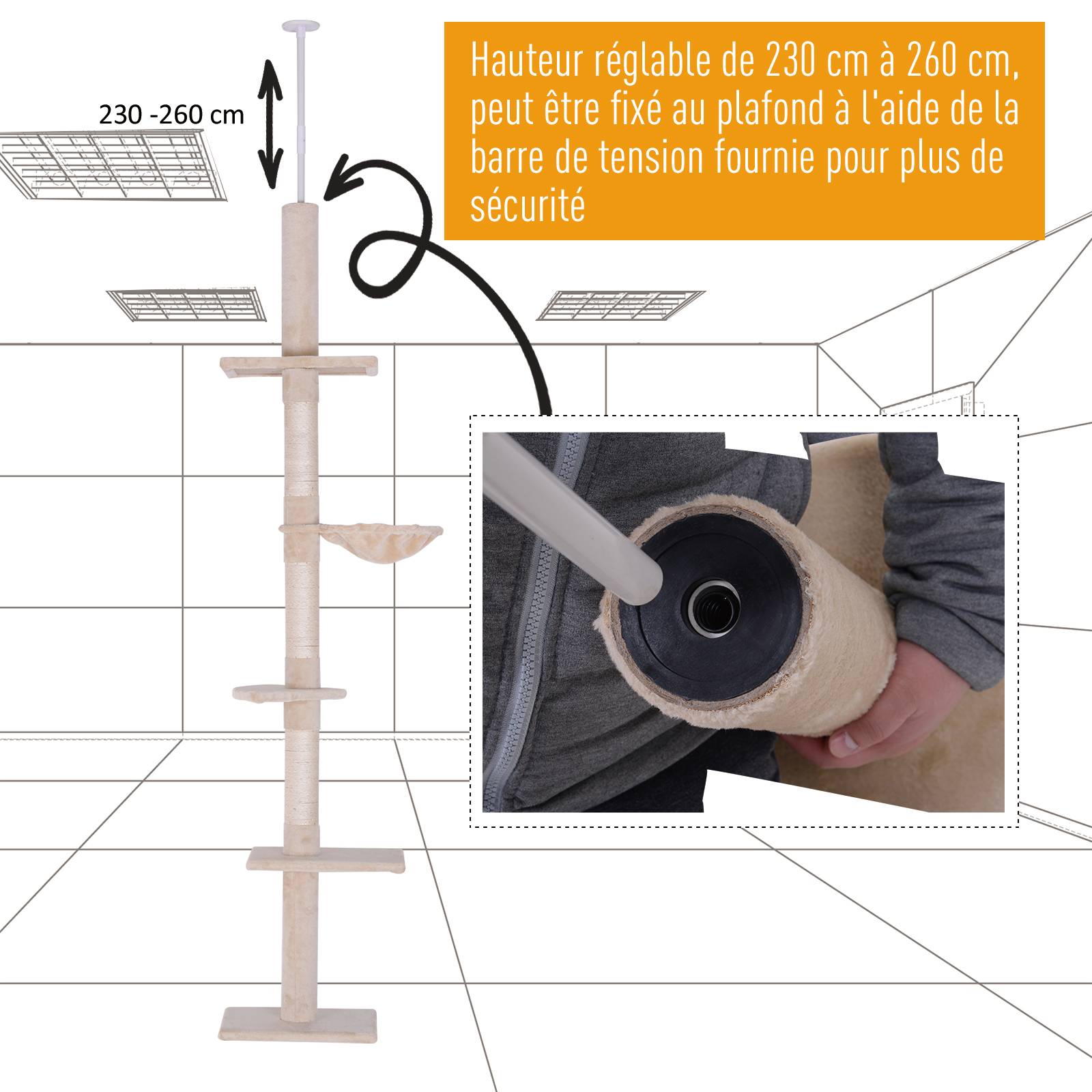 Pawhut - Arbre à chat poteau à griffer L40 x l 34 x H 230-260 cm 5 niveaux d'activités beige - Imagen 7