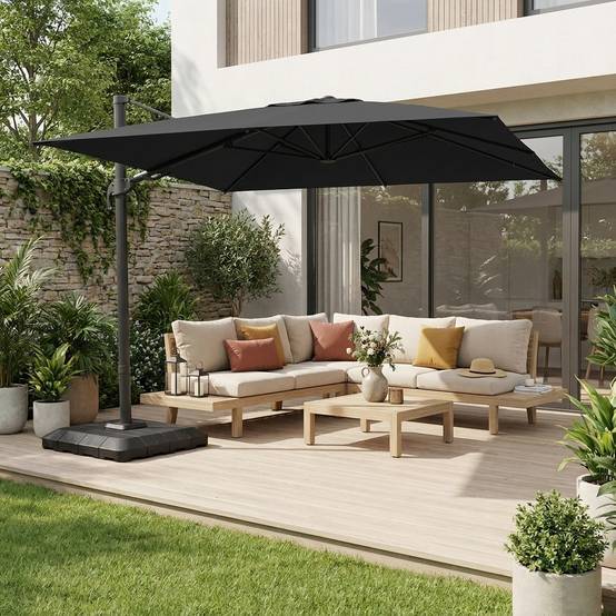 Parasol déporté rectangulaire 3x4m + housse et dalles à lester 98x98cm anthracite - Ombrea | sweeek - Image 1