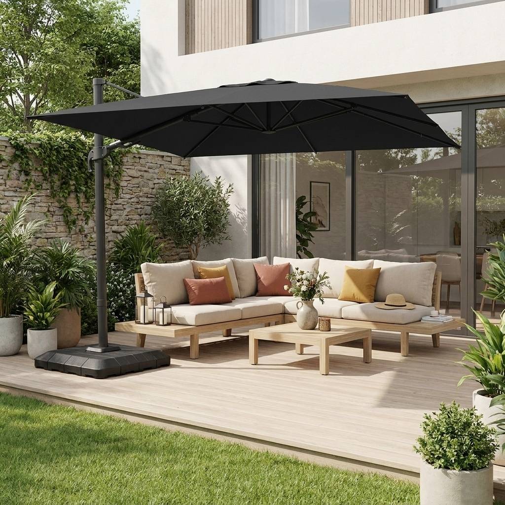 Parasol déporté rectangulaire 3x4m + housse et dalles à lester 98x98cm anthracite - Ombrea | sweeek - Image 1