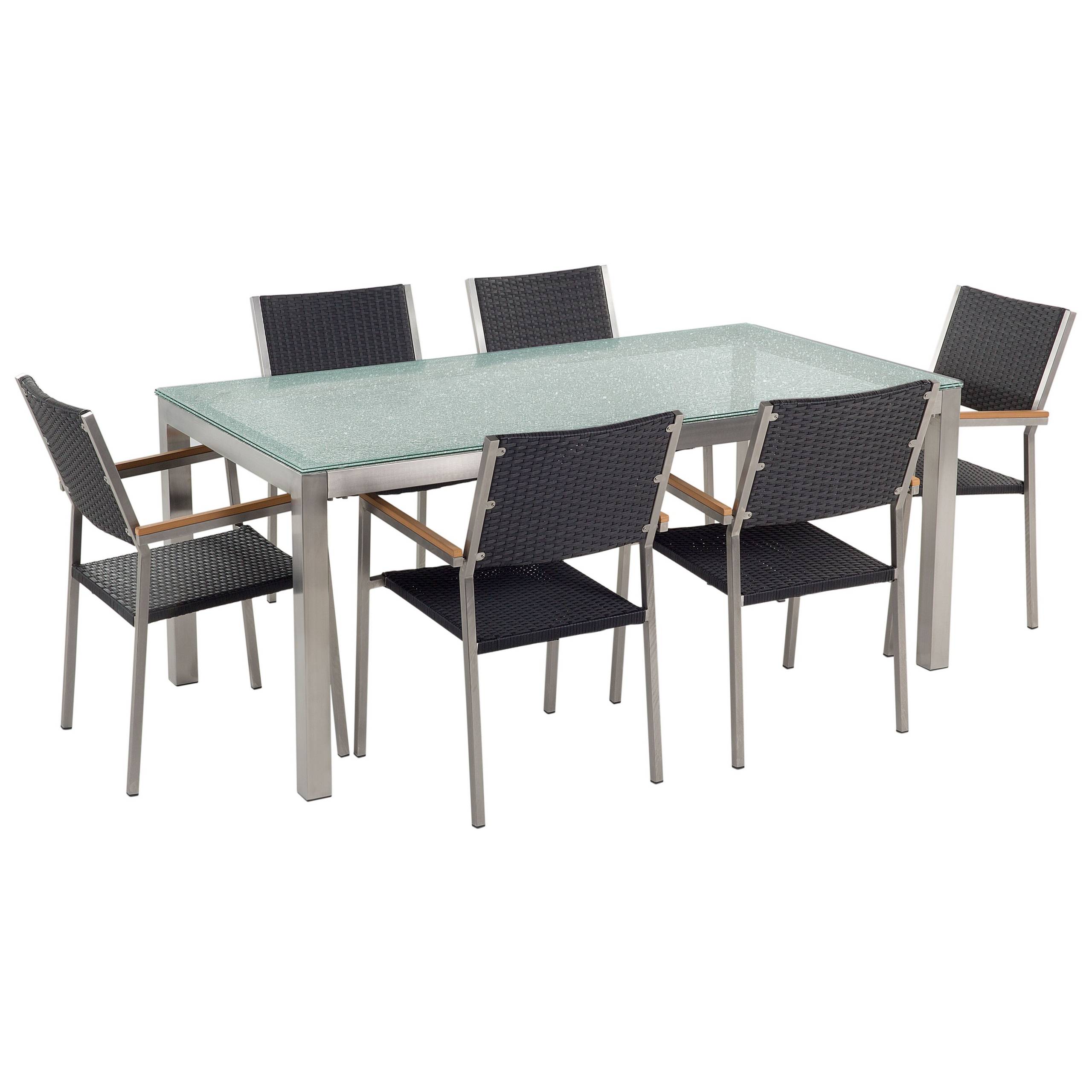 Salon de Jardin composé d'une Table 180 x 90 cm et de 6 Chaises en Acier Inox, Rotin Noir et Verre Effet Brisé au Design Moderne - Imagen 1