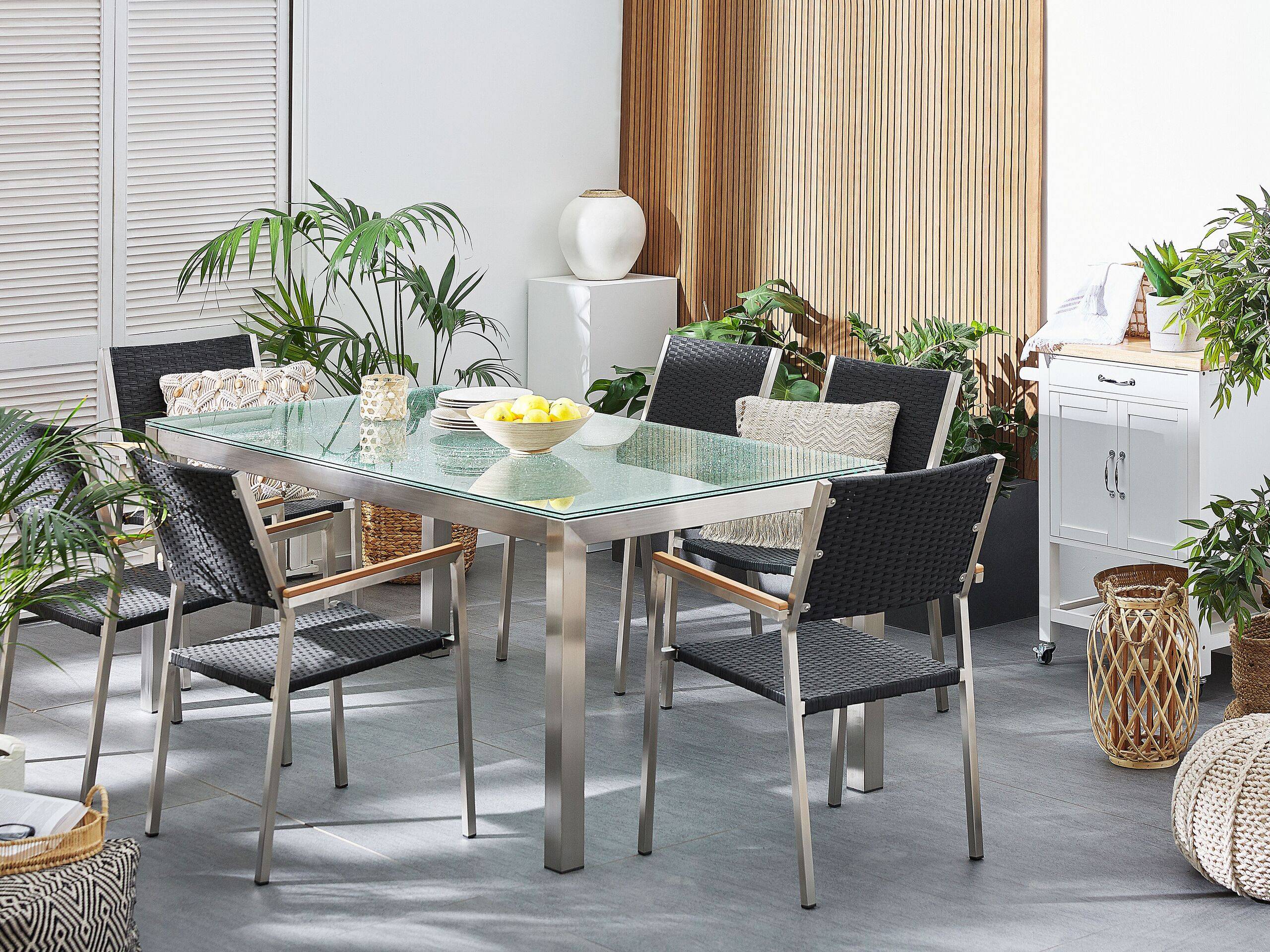 Salon de Jardin composé d'une Table 180 x 90 cm et de 6 Chaises en Acier Inox, Rotin Noir et Verre Effet Brisé au Design Moderne - Imagen 2