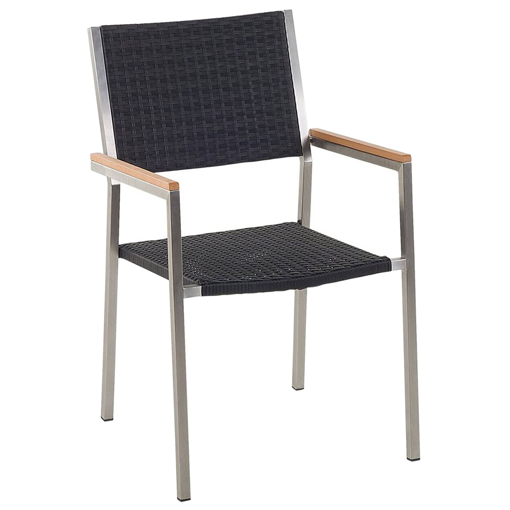 Salon de Jardin composé d'une Table 180 x 90 cm et de 6 Chaises en Acier Inox, Rotin Noir et Verre Effet Brisé au Design Moderne - Imagen 4