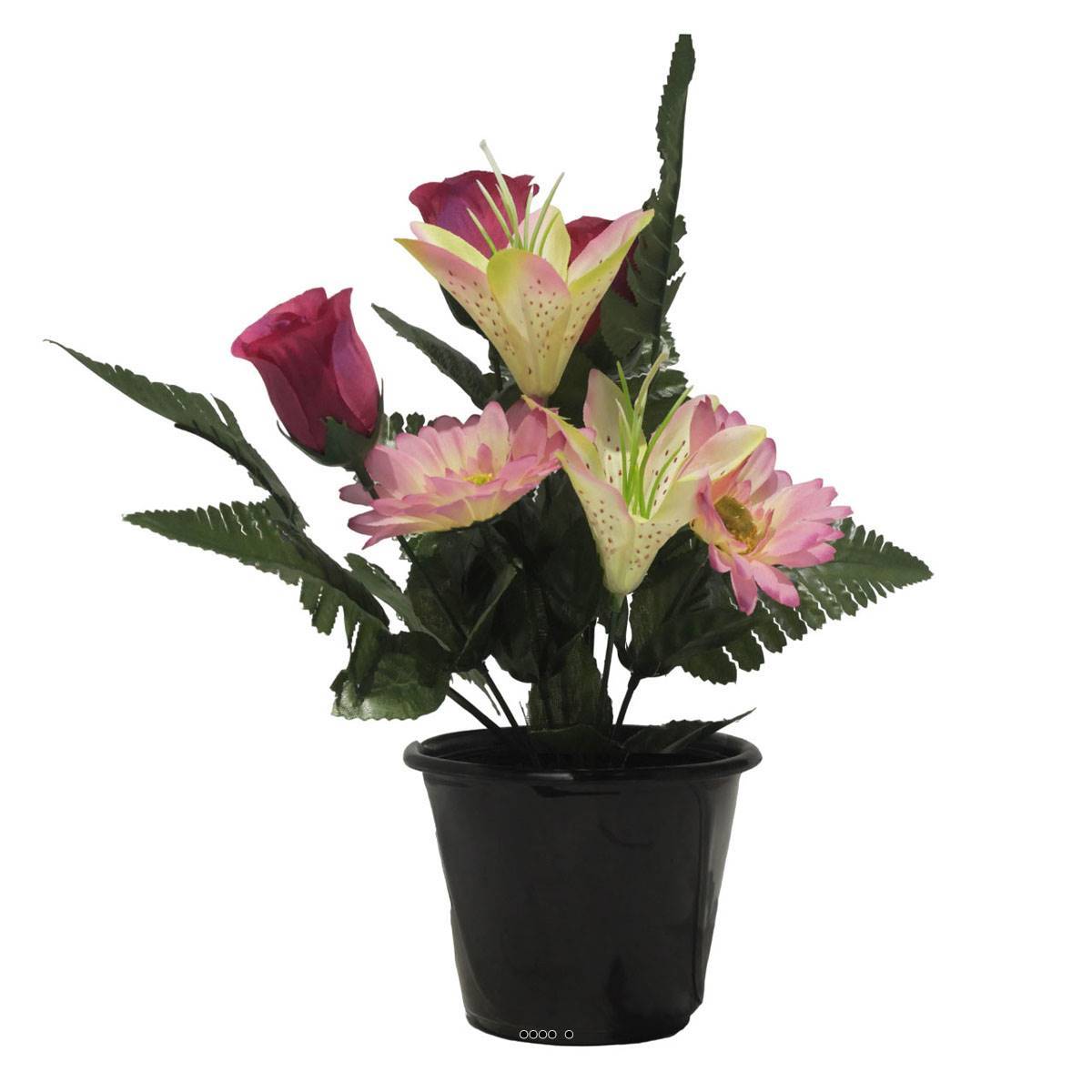 Pot pour la Toussaint de Boutons de Rose, Lys tigrés et gerberas artificiels pour la tombe Rose - couleur: Rose - Image 2