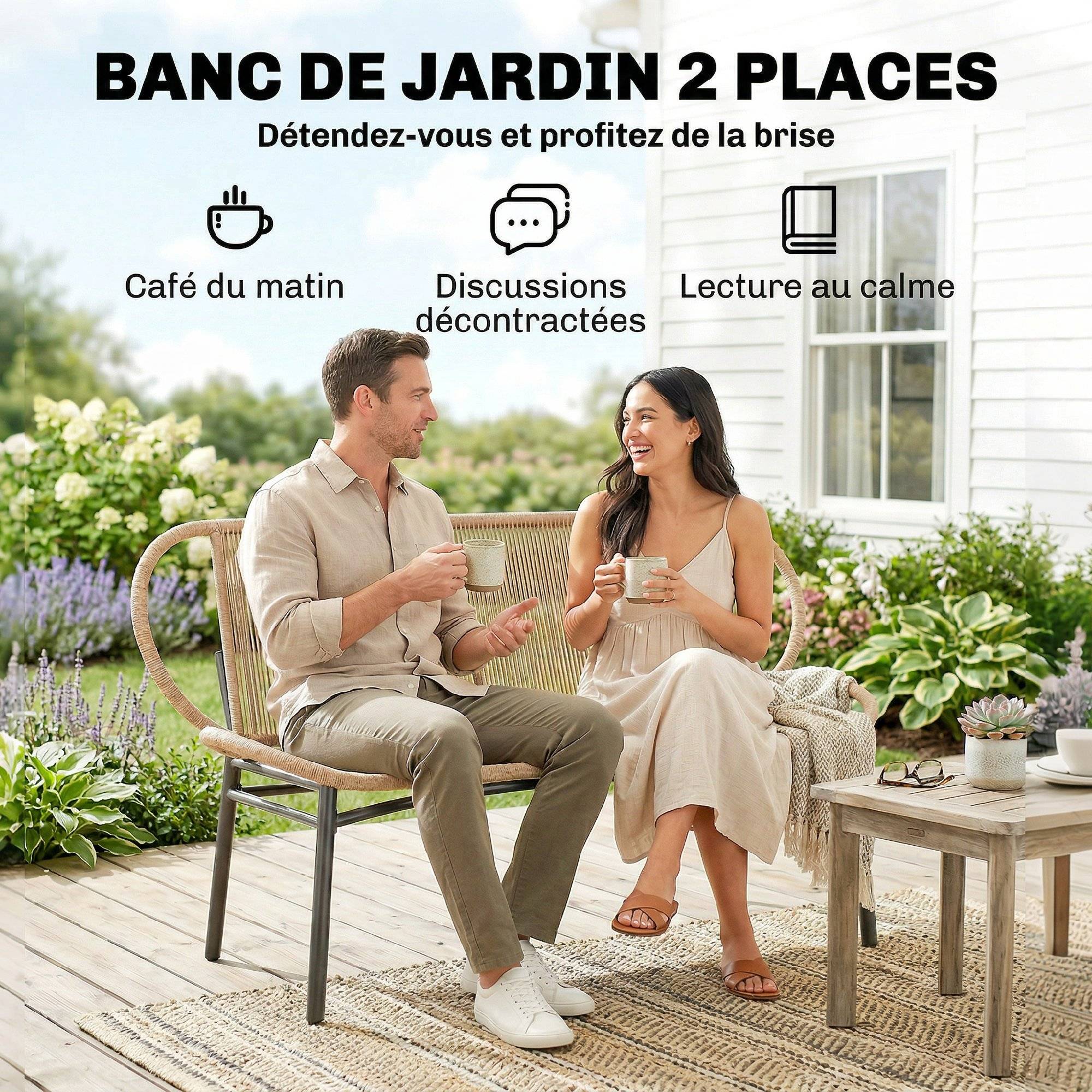 PANGIVO - Banc de jardin résine tressée et métal naturel 138 x 62 x 83 cm - PANGIVO - Image 6