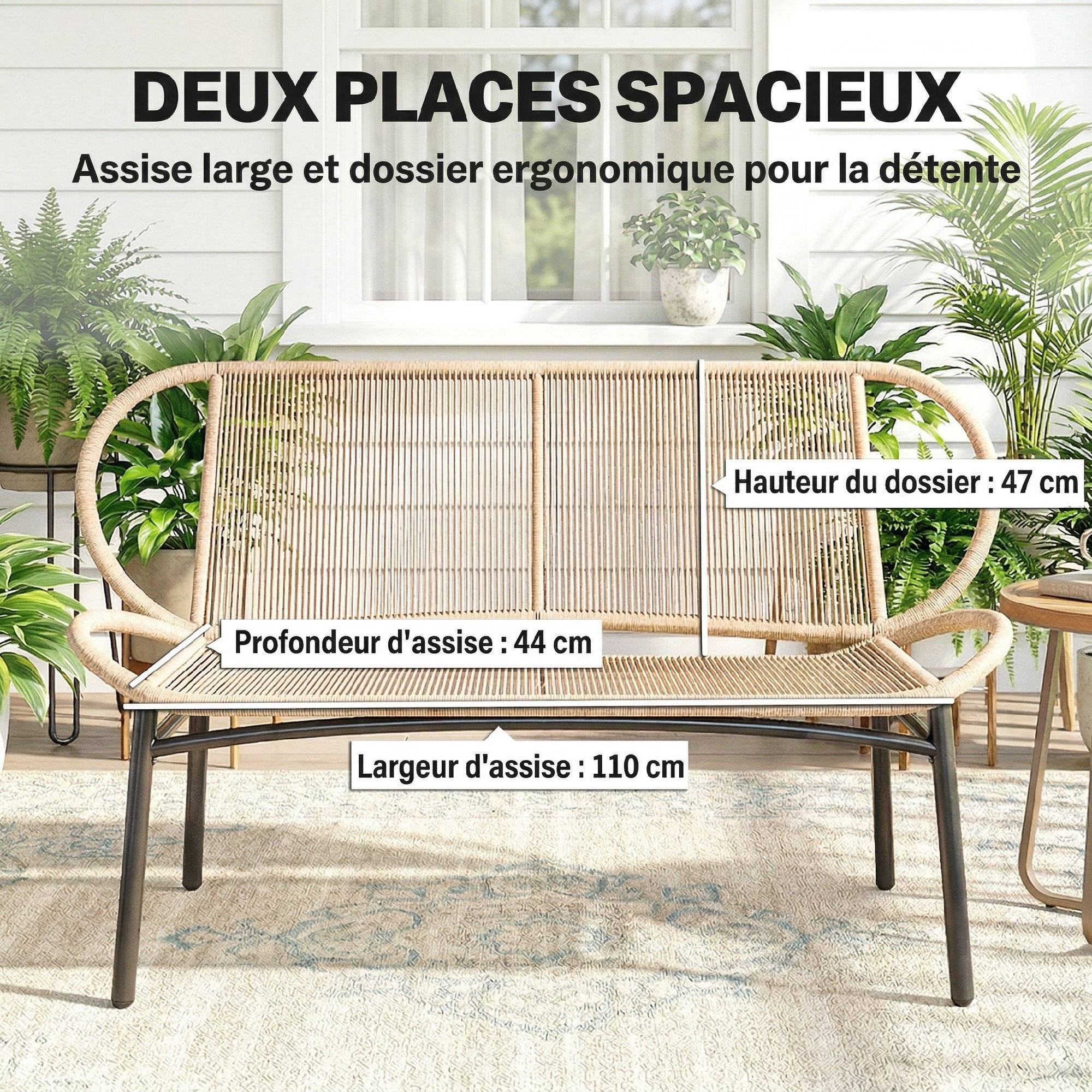 PANGIVO - Banc de jardin résine tressée et métal naturel 138 x 62 x 83 cm - PANGIVO - Image 8