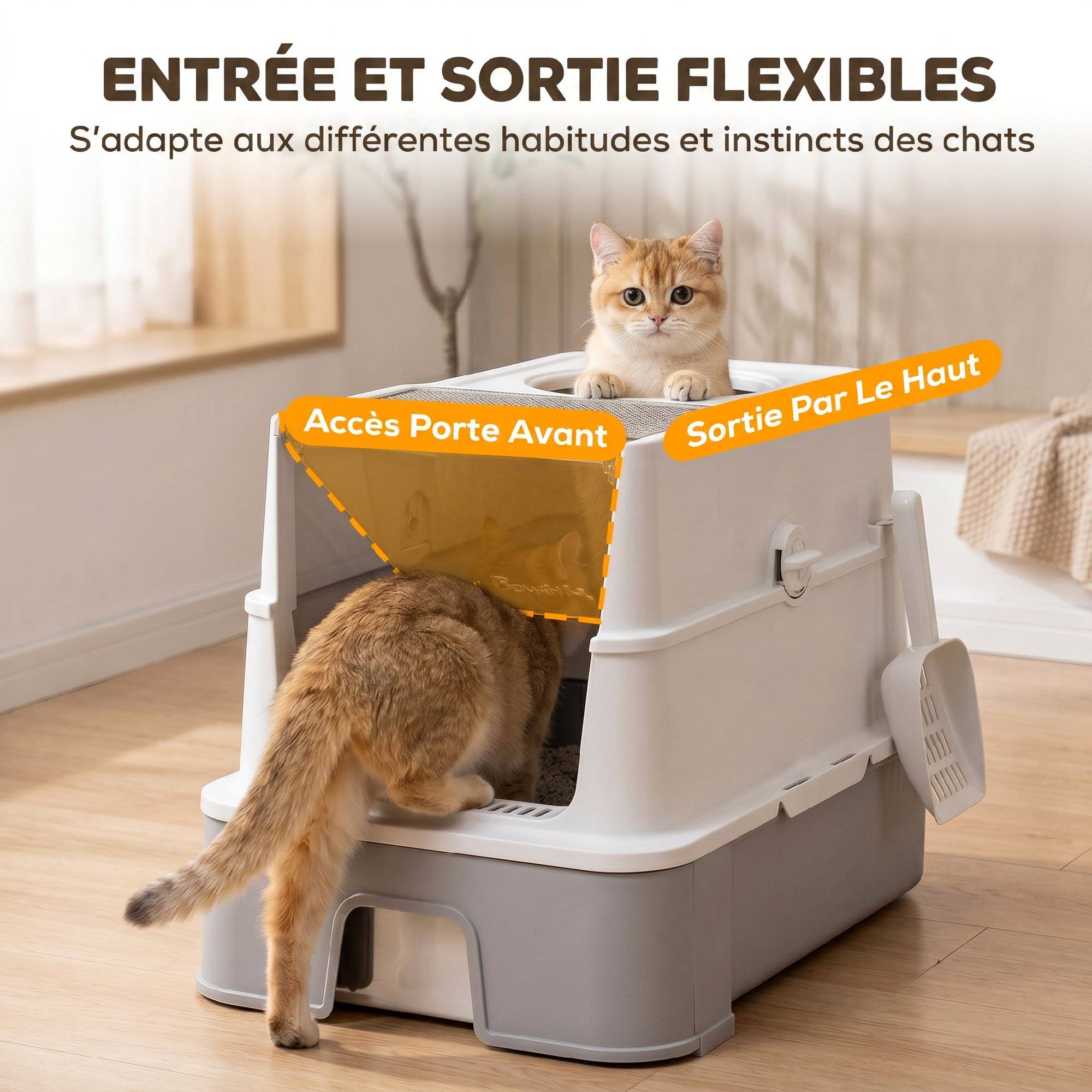 Bac à Litière pour Chat en Inox, Tiroir Coulissant, Couvercle Amovible, Pelle, Sacs Filtrants,Pédale, 60x40x45cm, Gris - Image 8